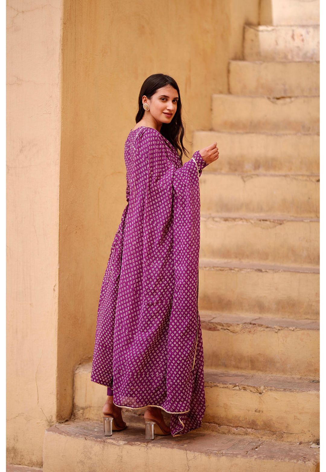 PURPLE BANDHANI GEORGETTE ANARKALI SUIT SET