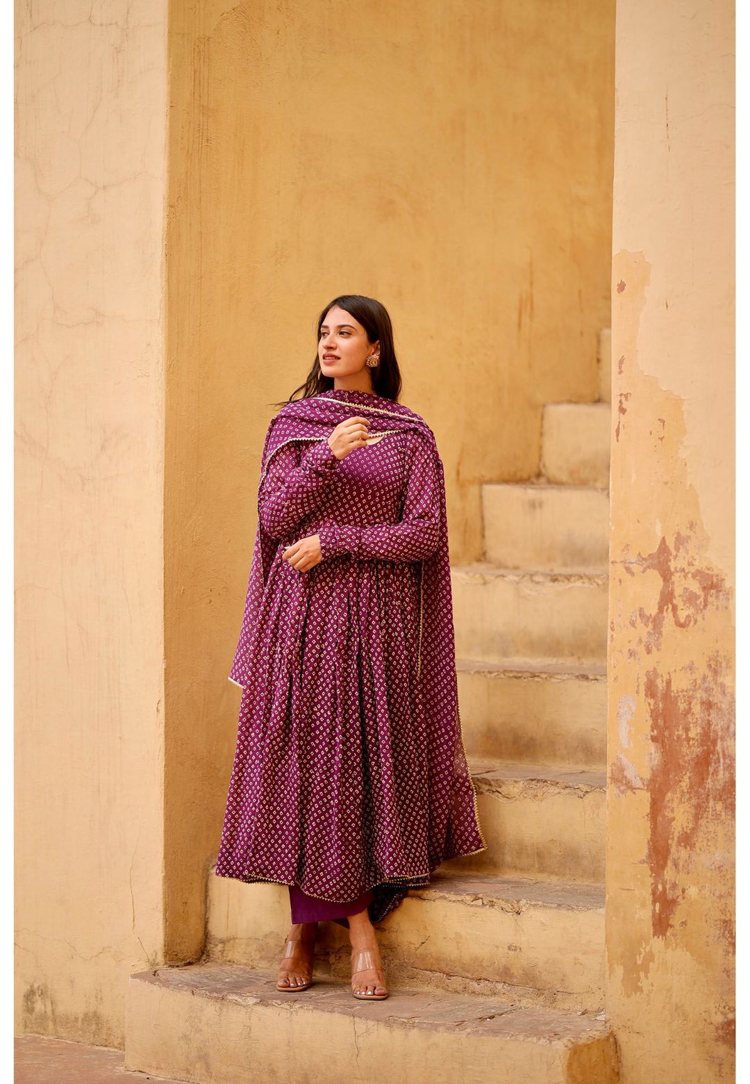 PURPLE BANDHANI GEORGETTE ANARKALI SUIT SET