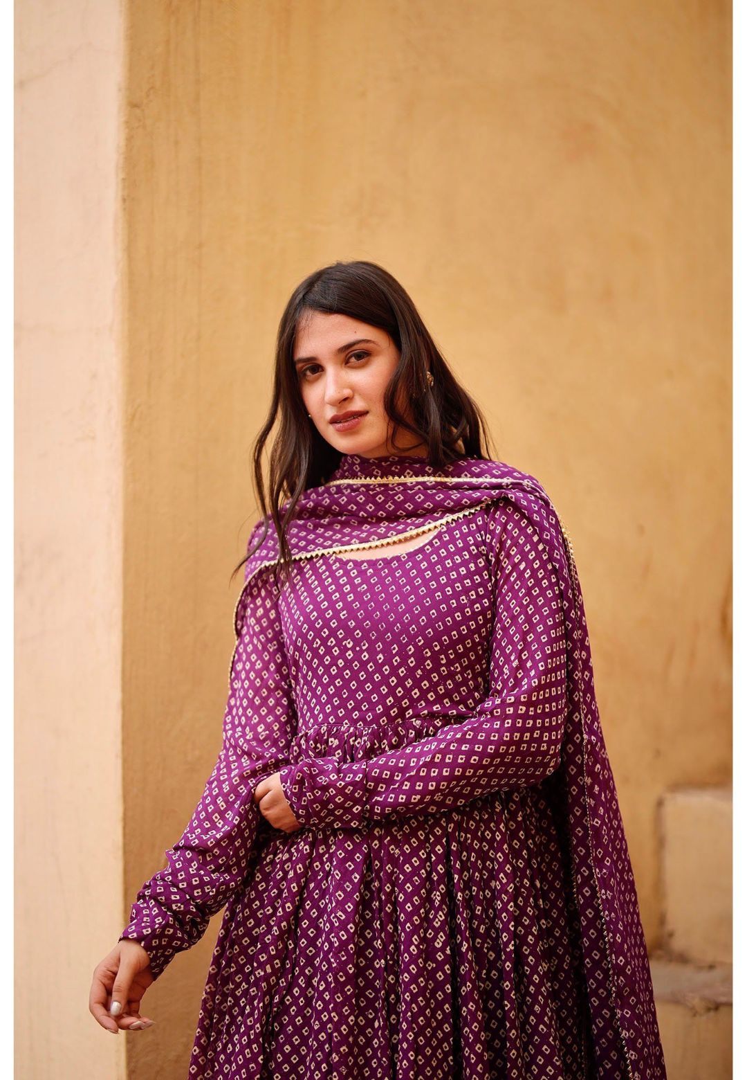 PURPLE BANDHANI GEORGETTE ANARKALI SUIT SET