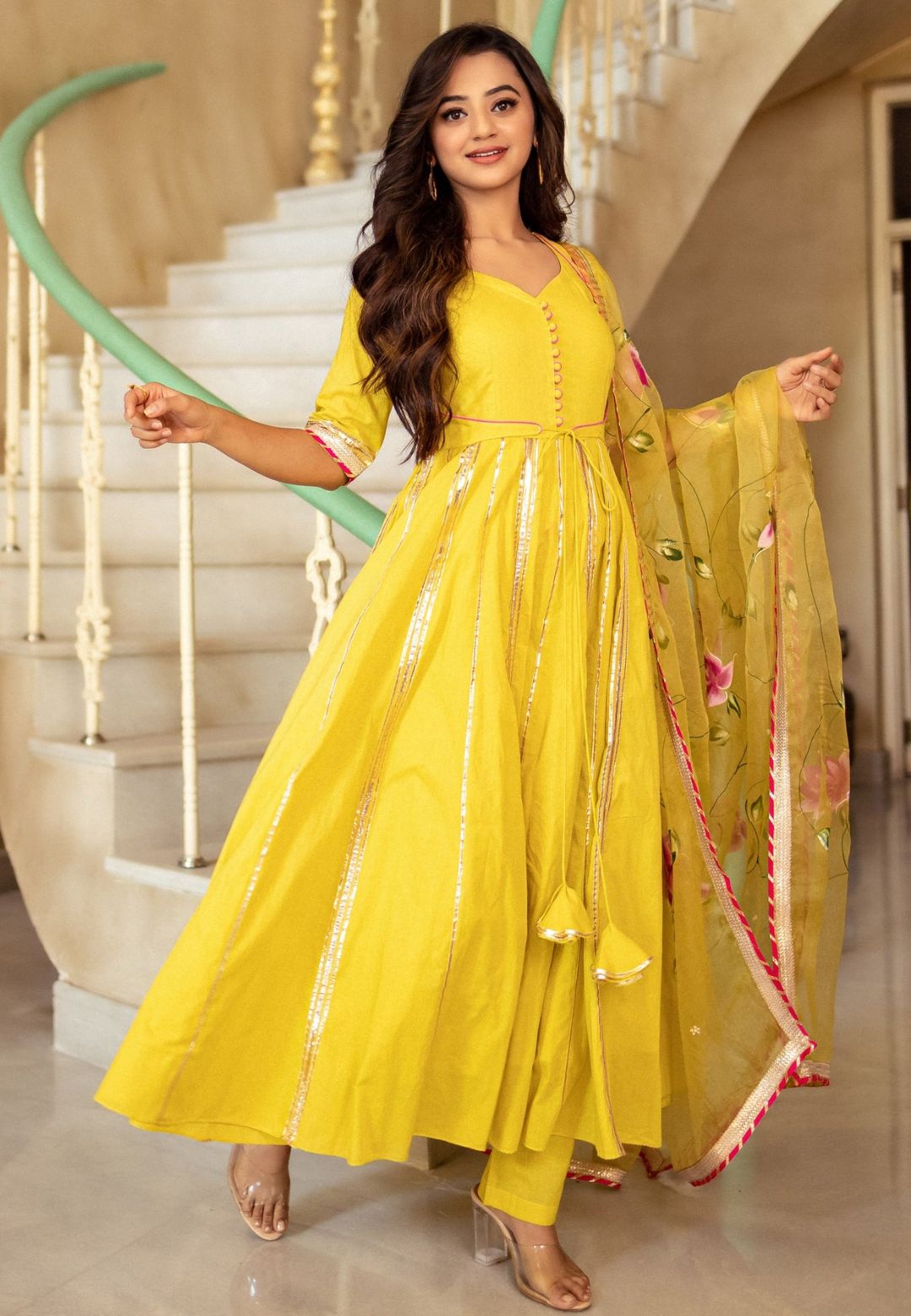 YELLOW COTTON HANDPAINTED ANARKALI SUIT SET