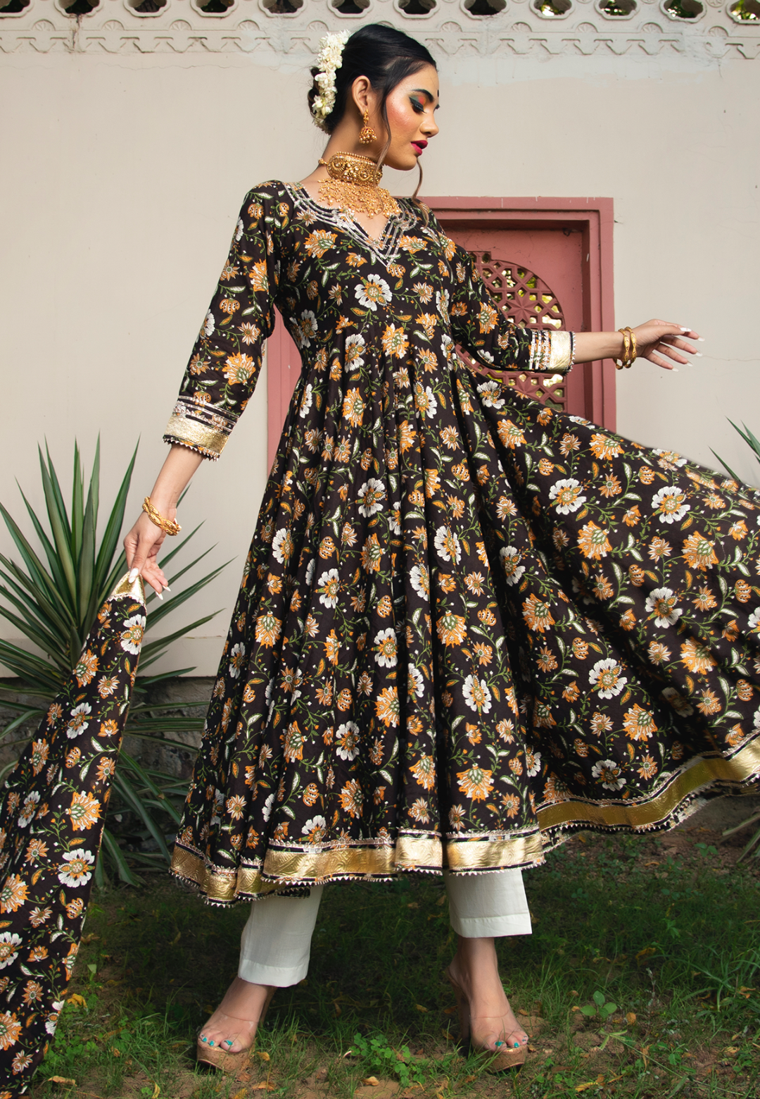 DARK BROWN COTTON ANARKALI SUIT SET