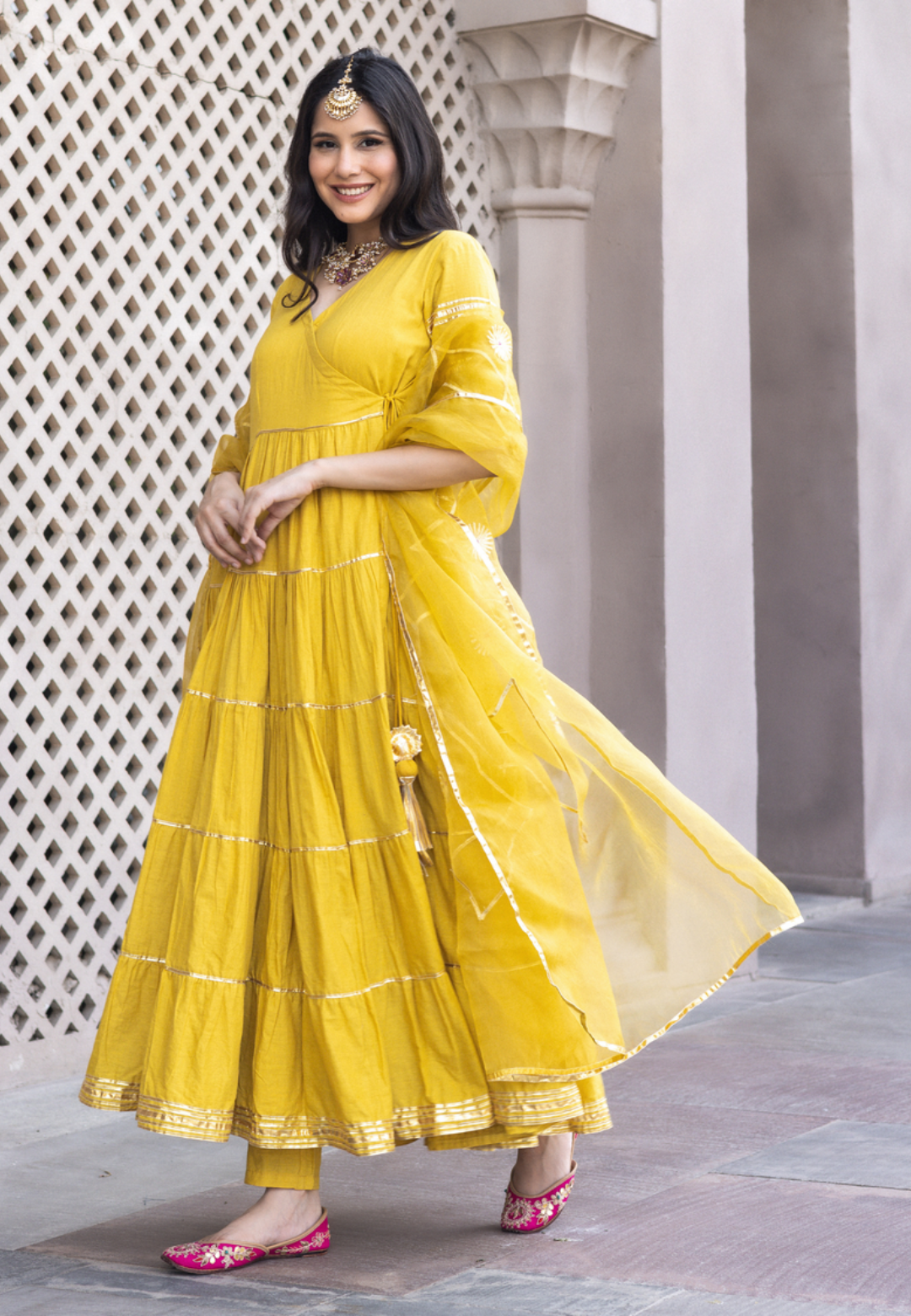 MUSTARD YELLOW COTTON ANARKALI SUIT SET