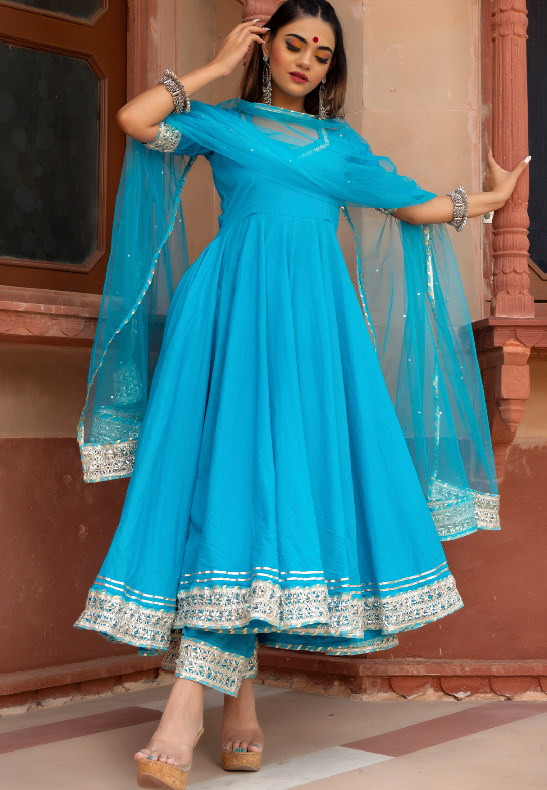 BLUE GOTALACE COTTON ANARKALI SUIT SET