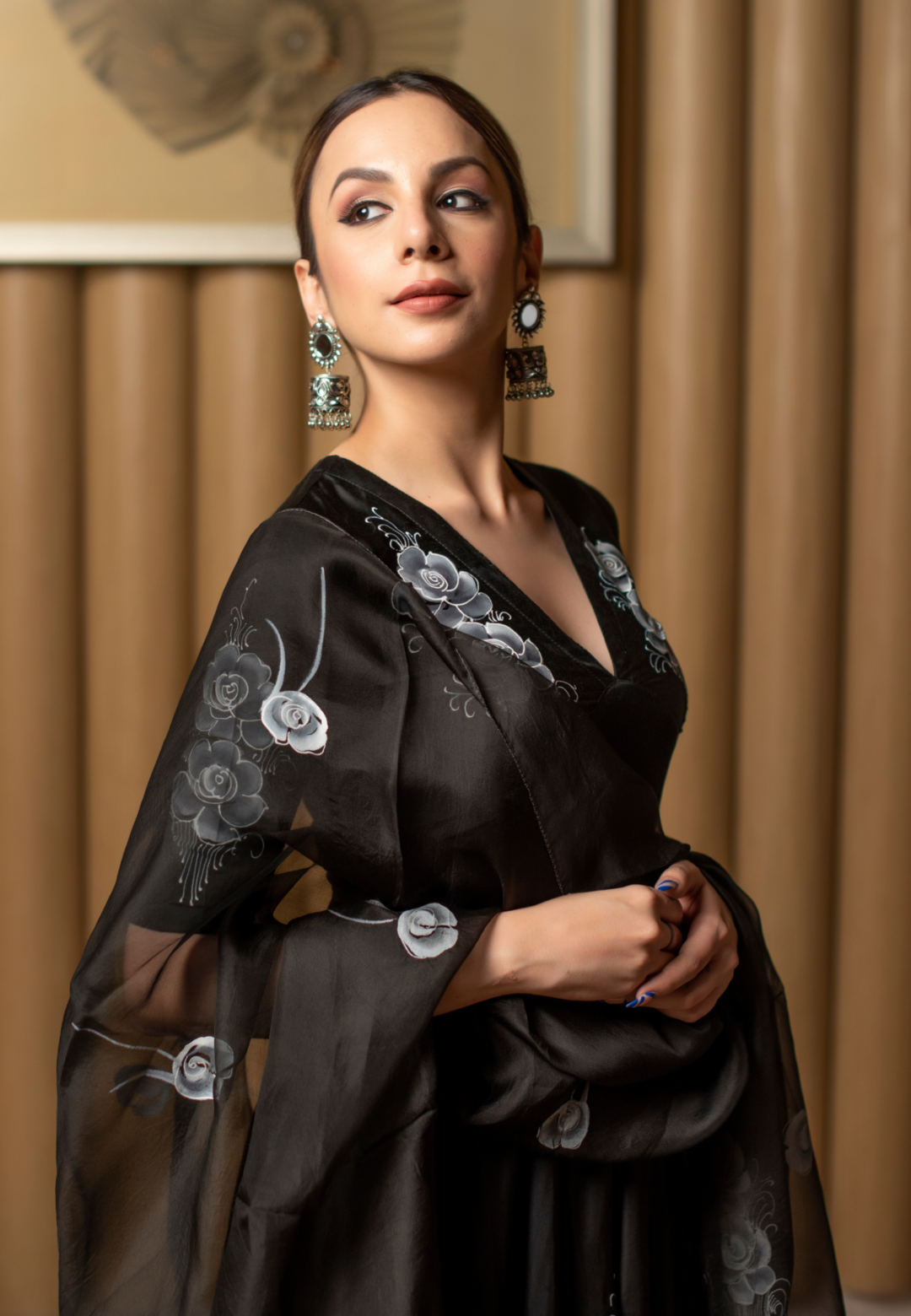 BLACK LEATHERETTE HANDPAINTED SATIN SUIT SET