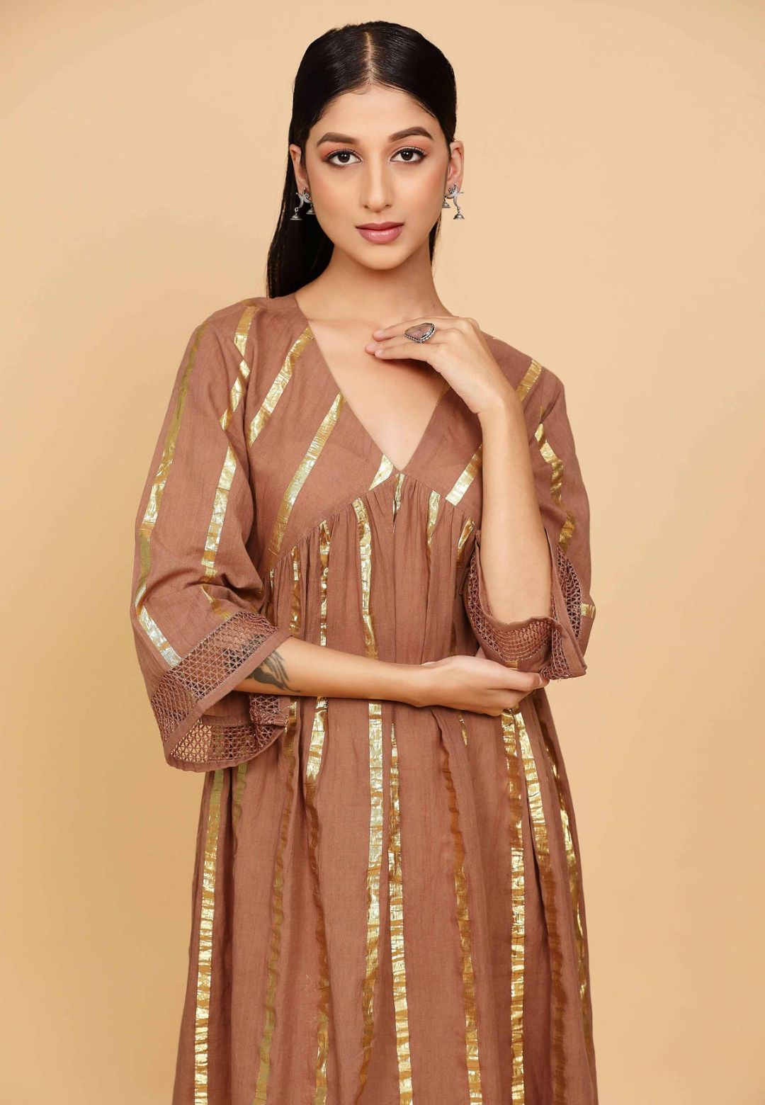 BROWN LACE COTTON LUREX KURTA SET