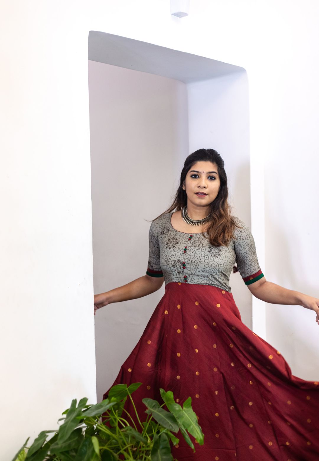 KALAMKARI RED REGAL ANARKALI DRESS - Avino Atelier