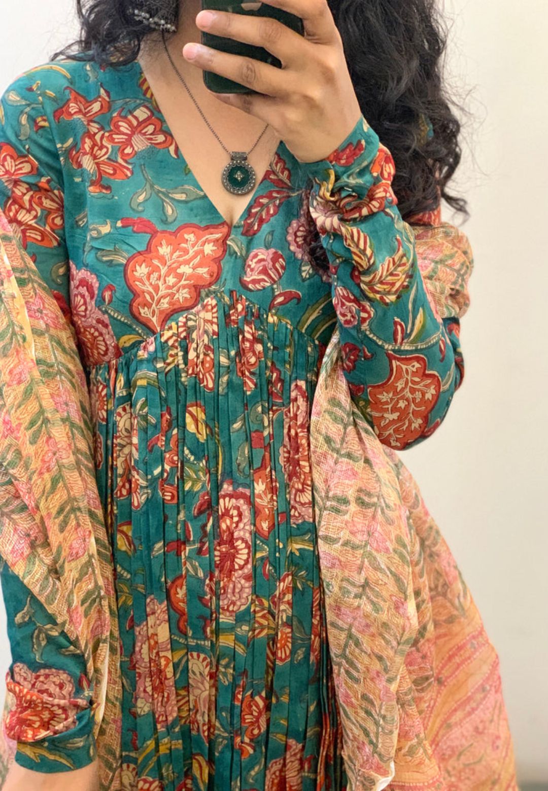 DARK GREEN FLORAL ANARKALI SUIT SET