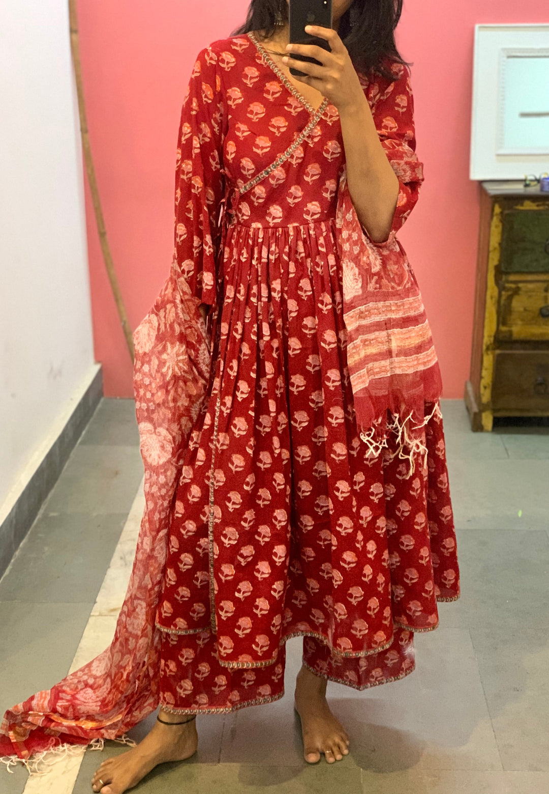 DEEP RED MARIGOLD ANARKALI SUIT SET
