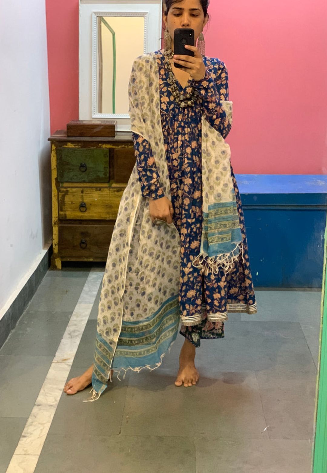 TEAL BLUE FLORAL ANARKALI SUIT SET