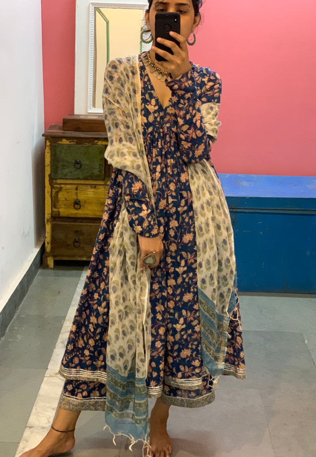TEAL BLUE FLORAL ANARKALI SUIT SET