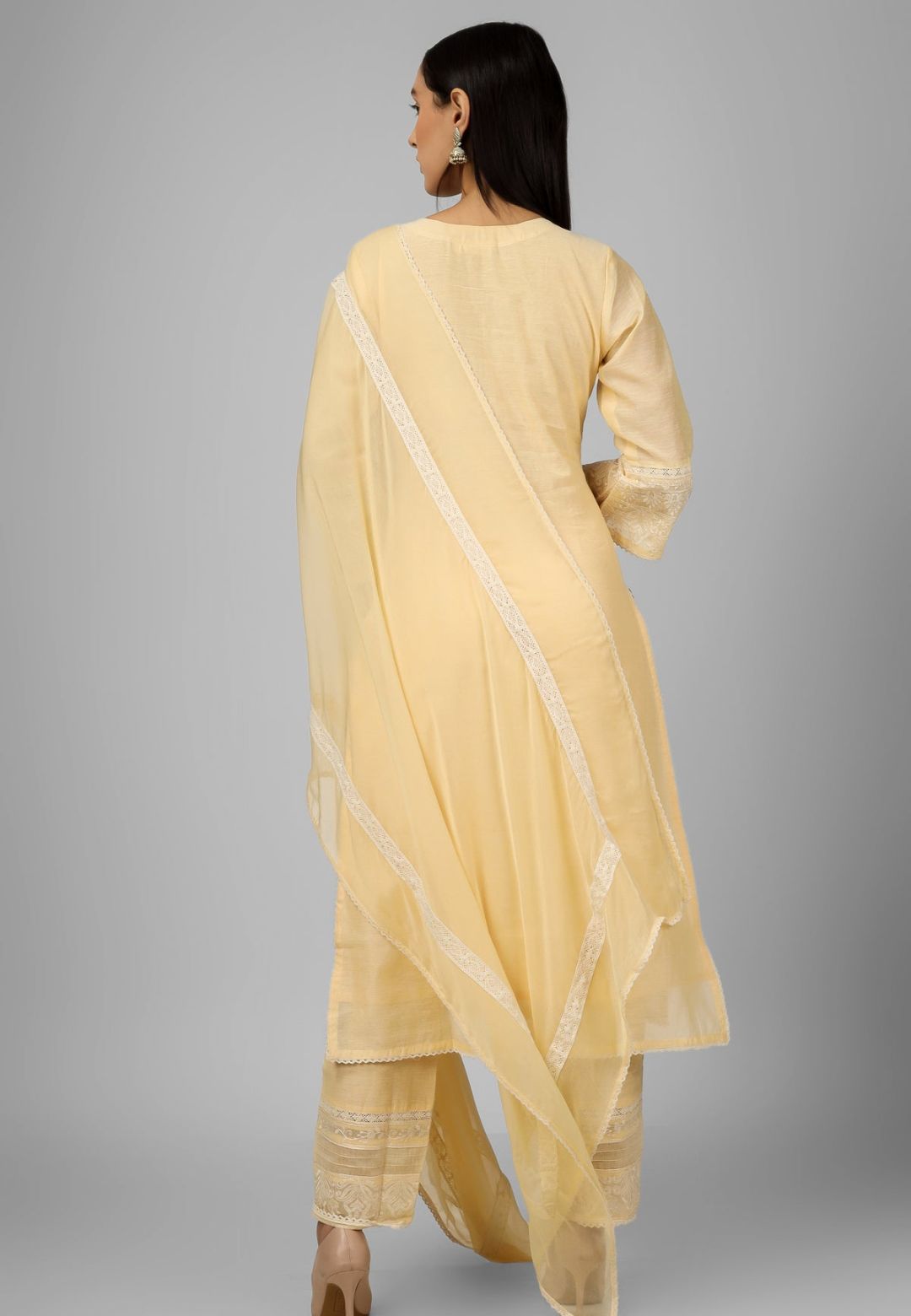 YELLOW CHANDERI CHIKANKARI SUIT SET