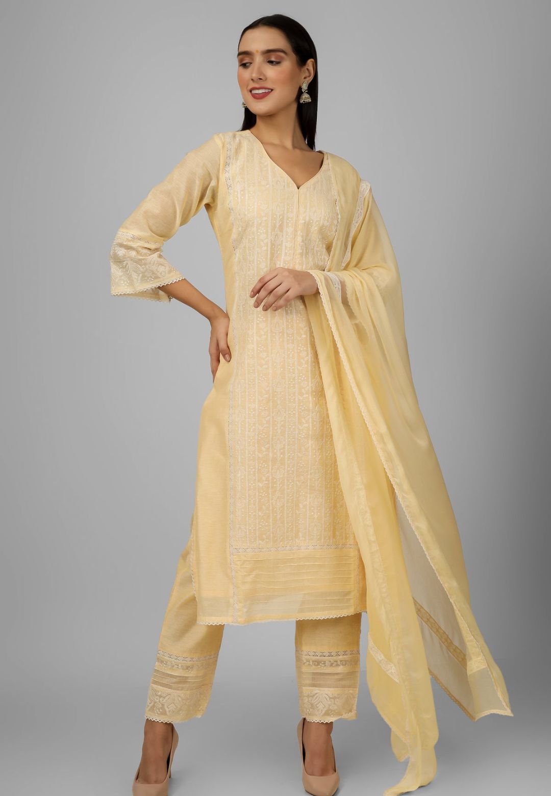 YELLOW CHANDERI CHIKANKARI SUIT SET
