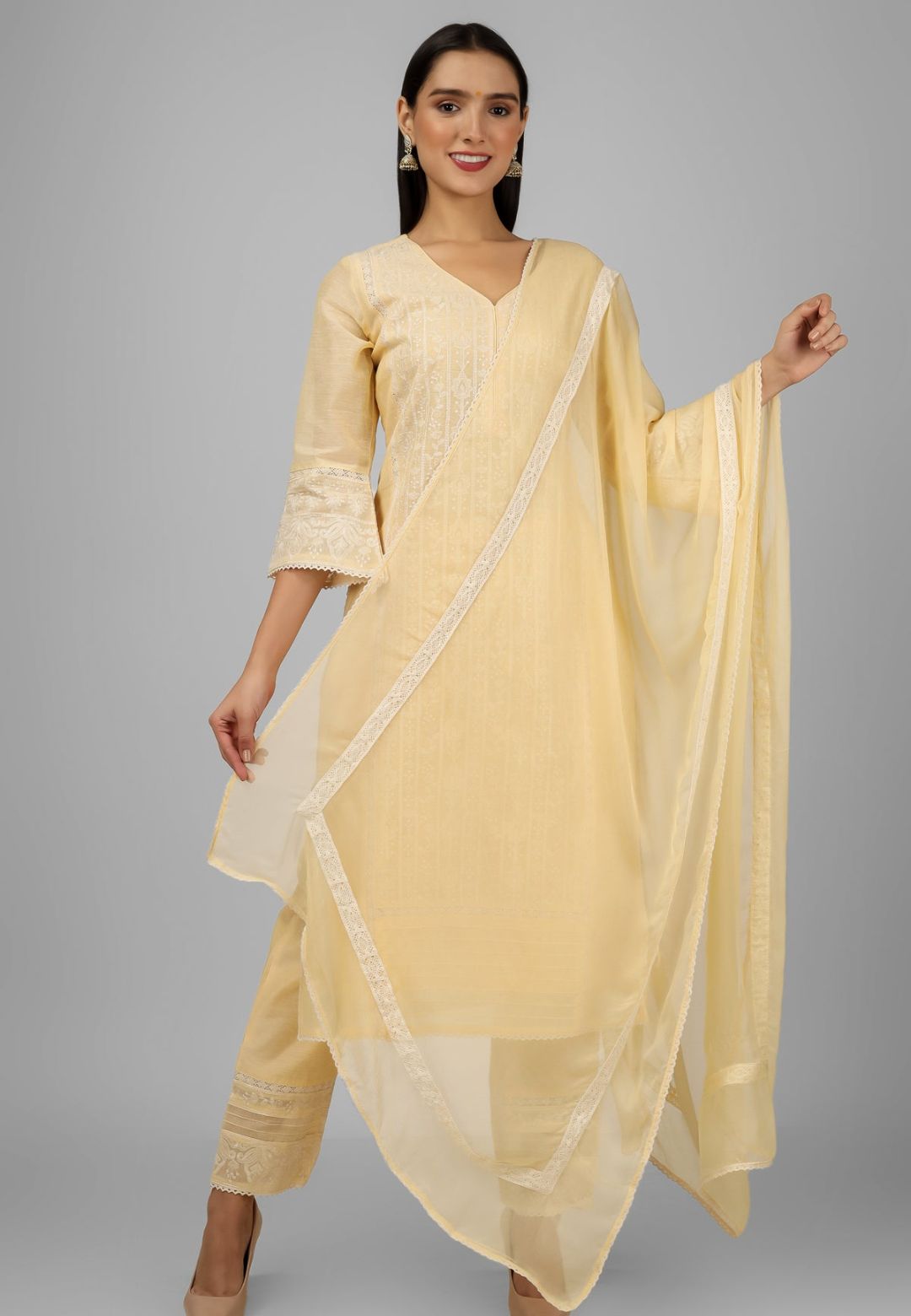 YELLOW CHANDERI CHIKANKARI SUIT SET