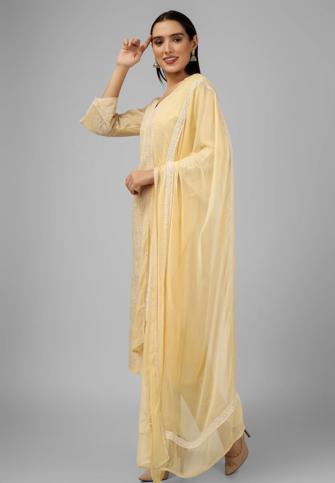 YELLOW CHANDERI CHIKANKARI SUIT SET