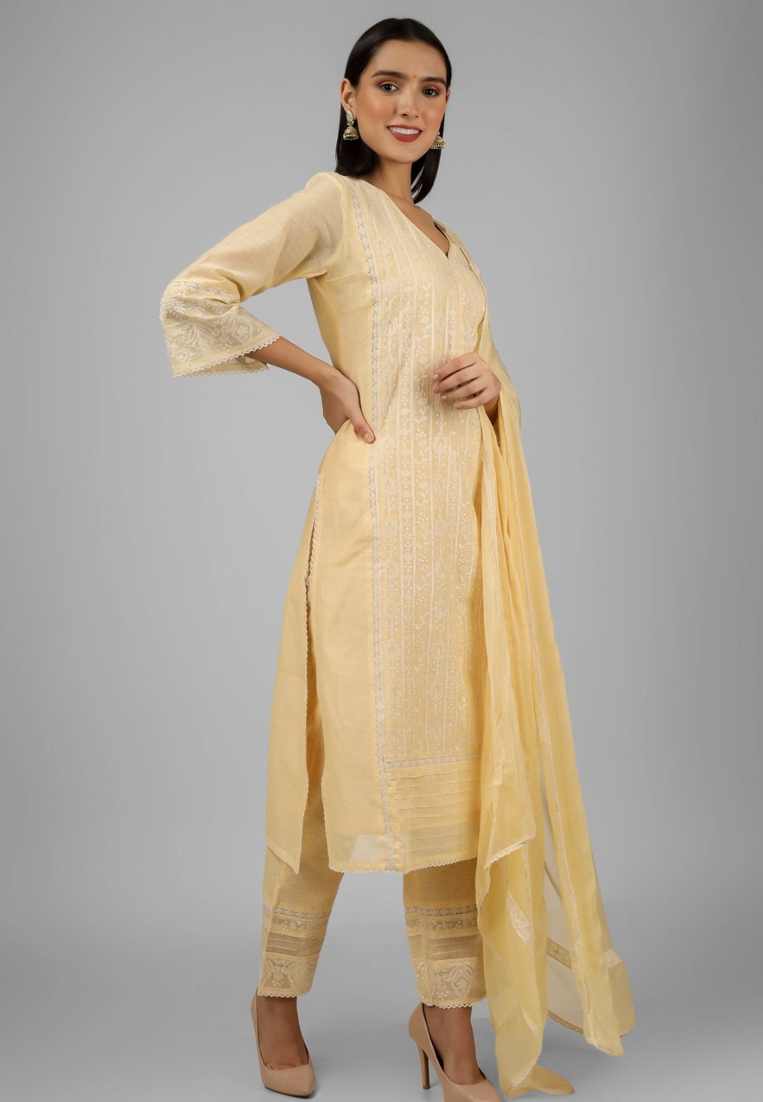 YELLOW CHANDERI CHIKANKARI SUIT SET