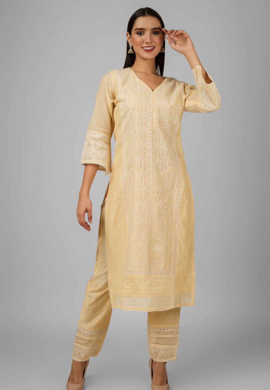 YELLOW CHANDERI CHIKANKARI SUIT SET