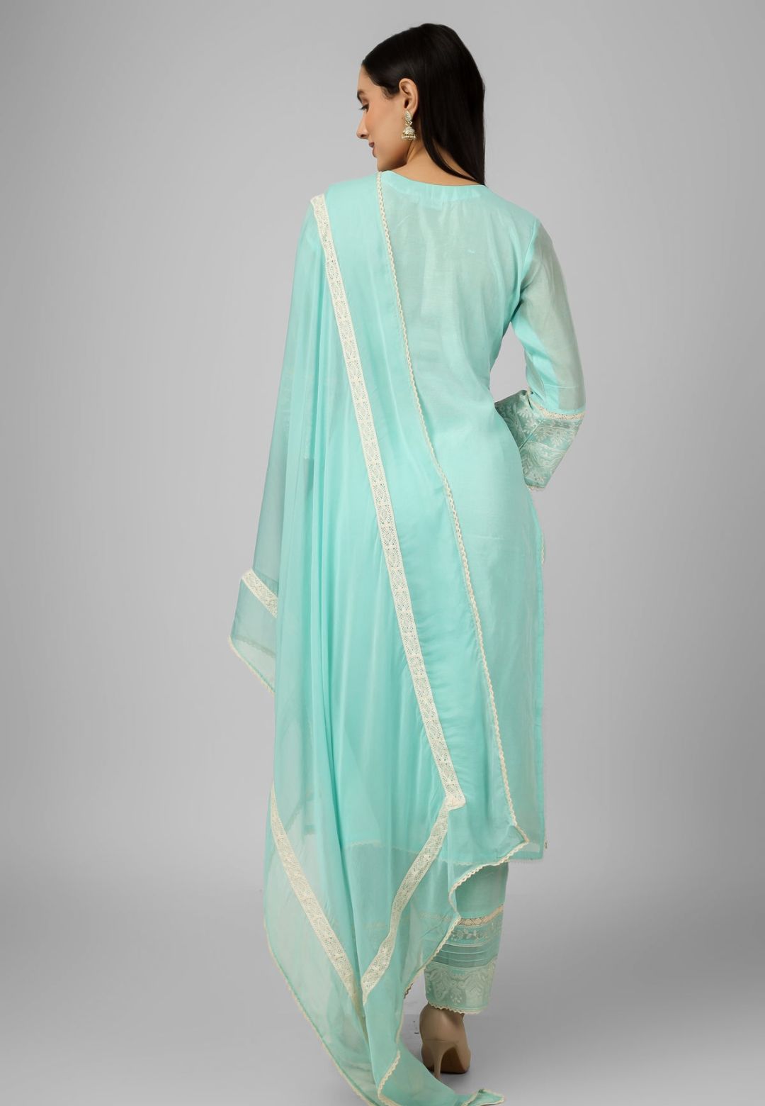 BLUE CHANDERI CHIKANKARI SUIT SET