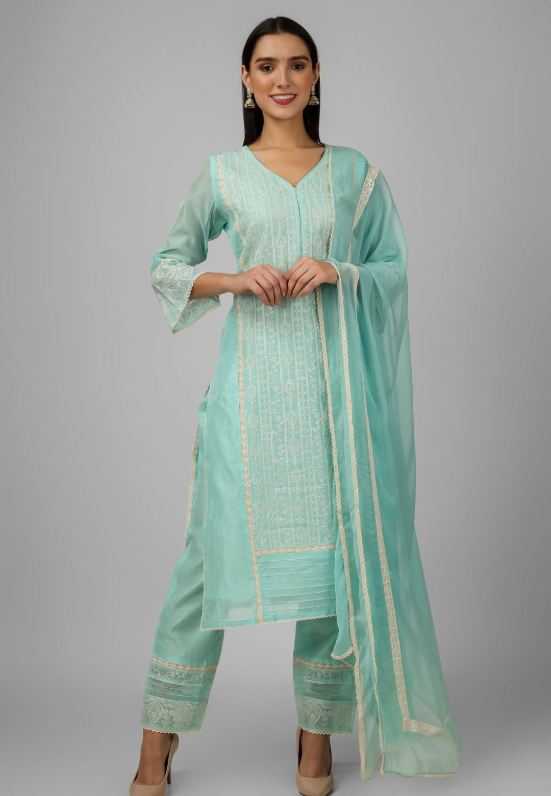 BLUE CHANDERI CHIKANKARI SUIT SET