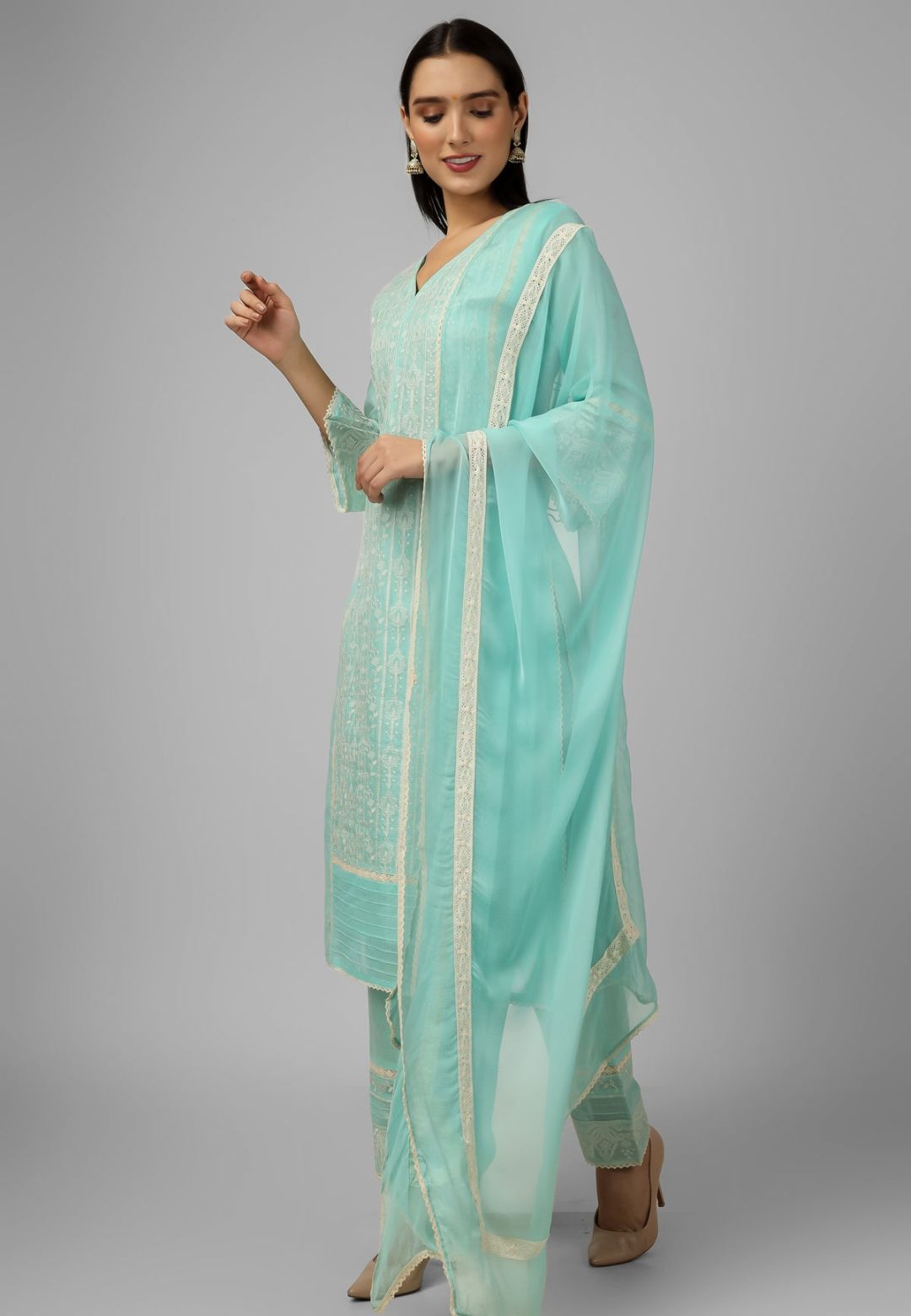 BLUE CHANDERI CHIKANKARI SUIT SET