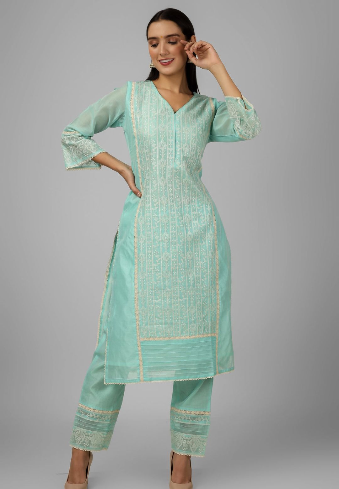 BLUE CHANDERI CHIKANKARI SUIT SET