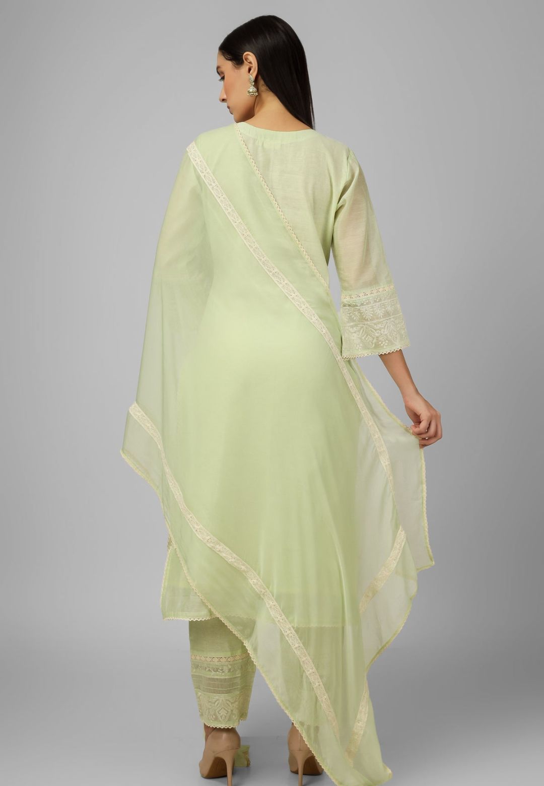 GREEN CHANDERI CHIKANKARI SUIT SET