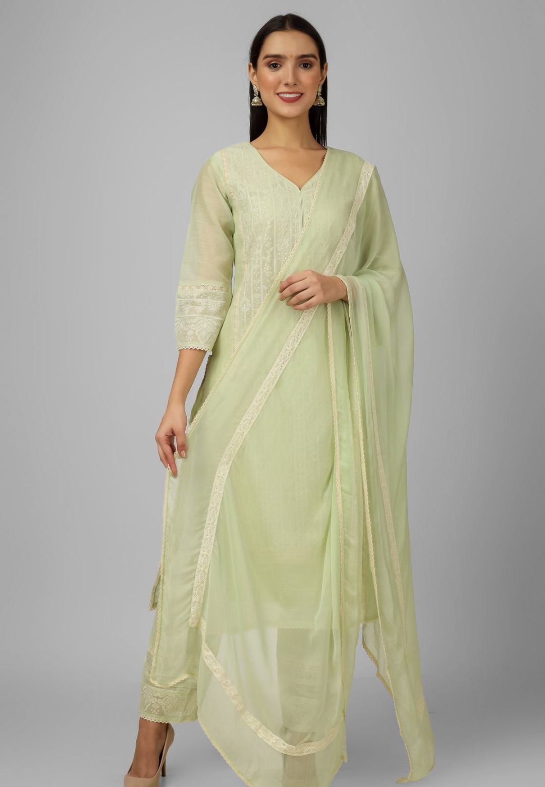 GREEN CHANDERI CHIKANKARI SUIT SET