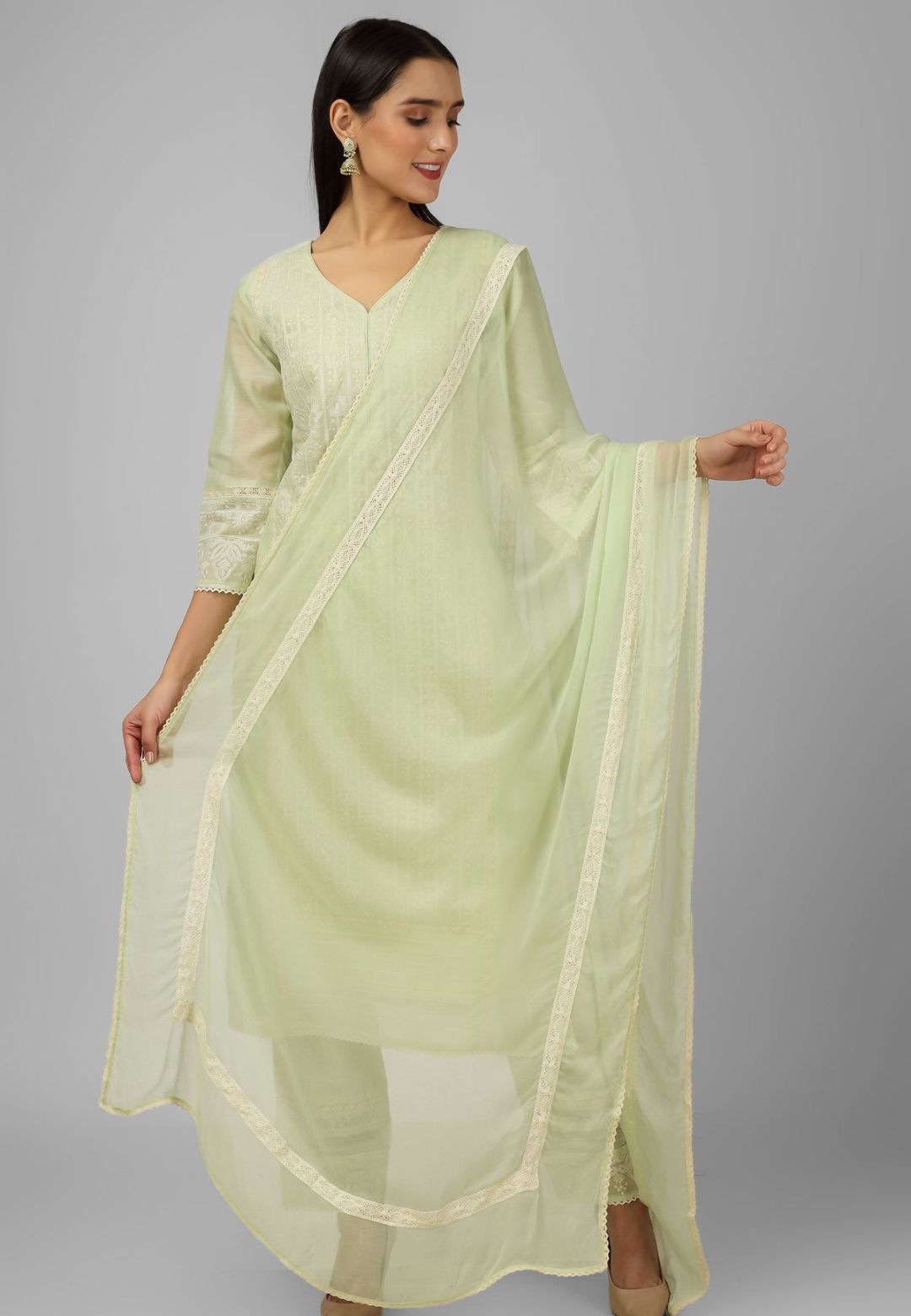 GREEN CHANDERI CHIKANKARI SUIT SET