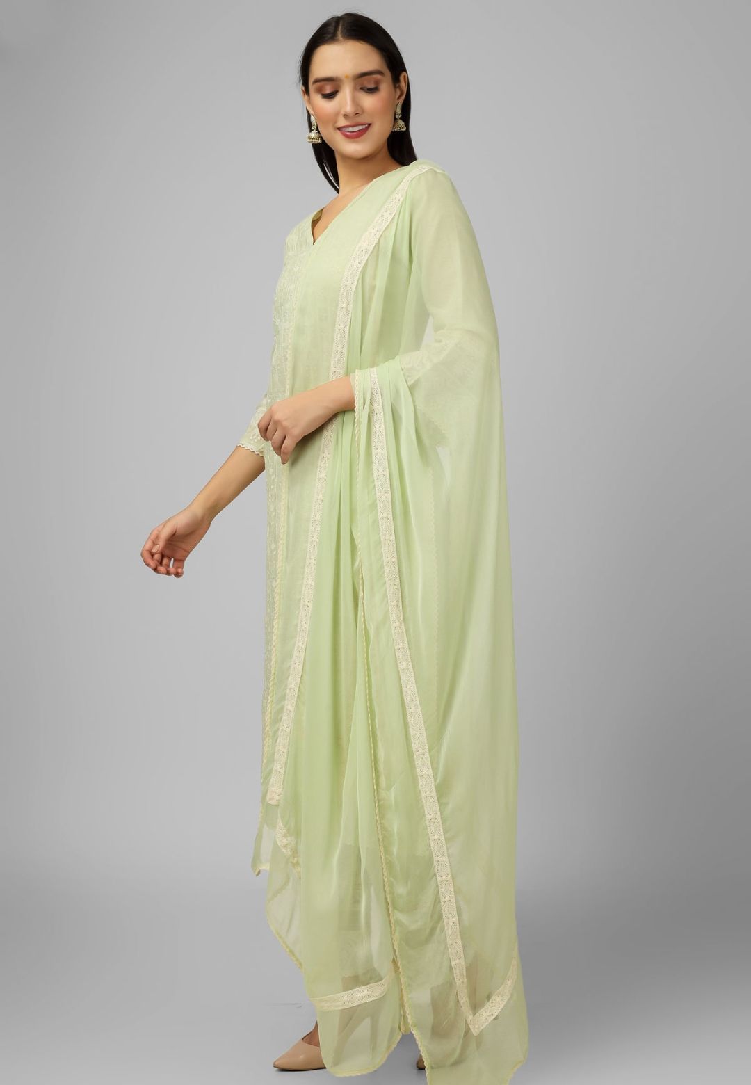 GREEN CHANDERI CHIKANKARI SUIT SET