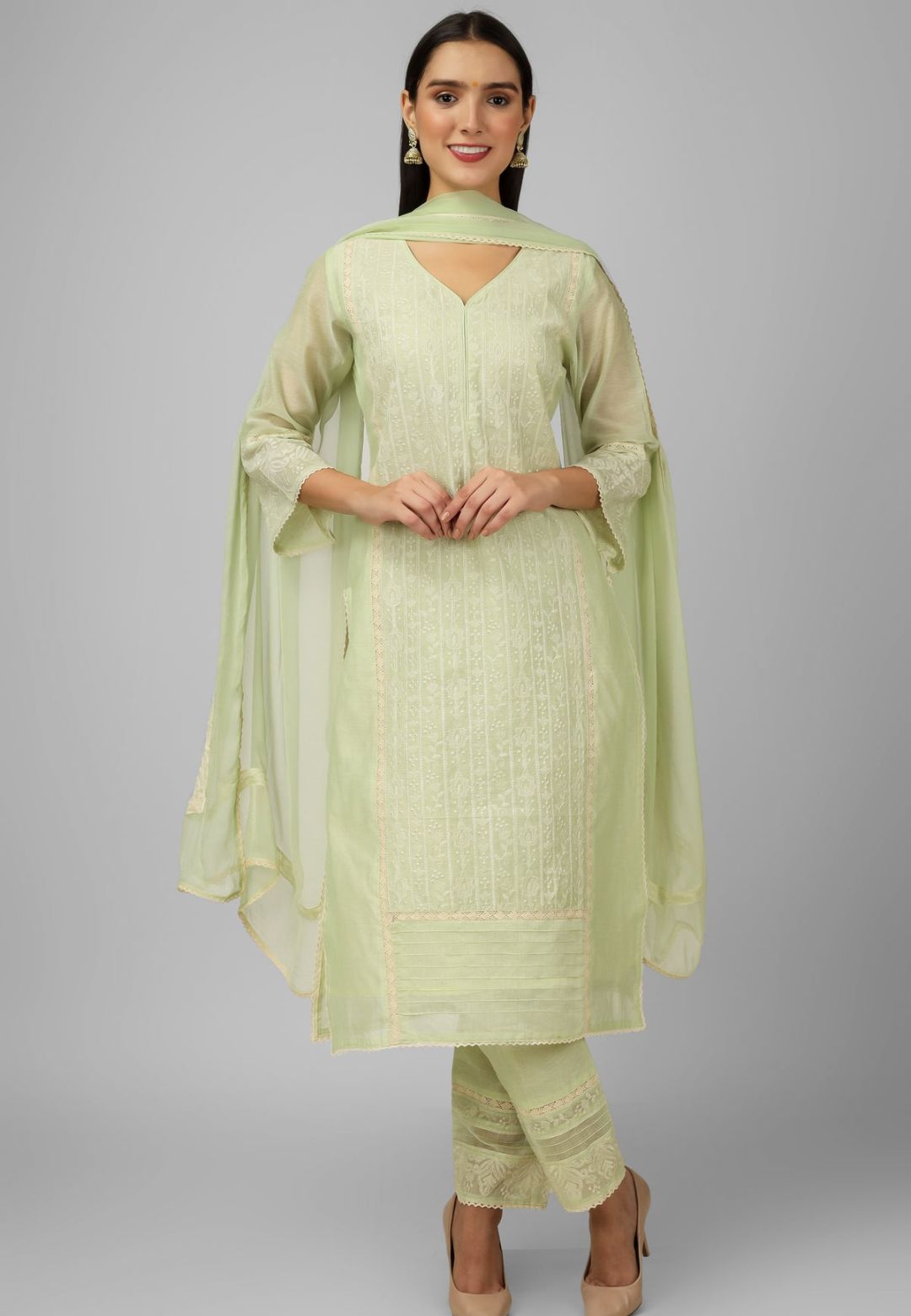 GREEN CHANDERI CHIKANKARI SUIT SET
