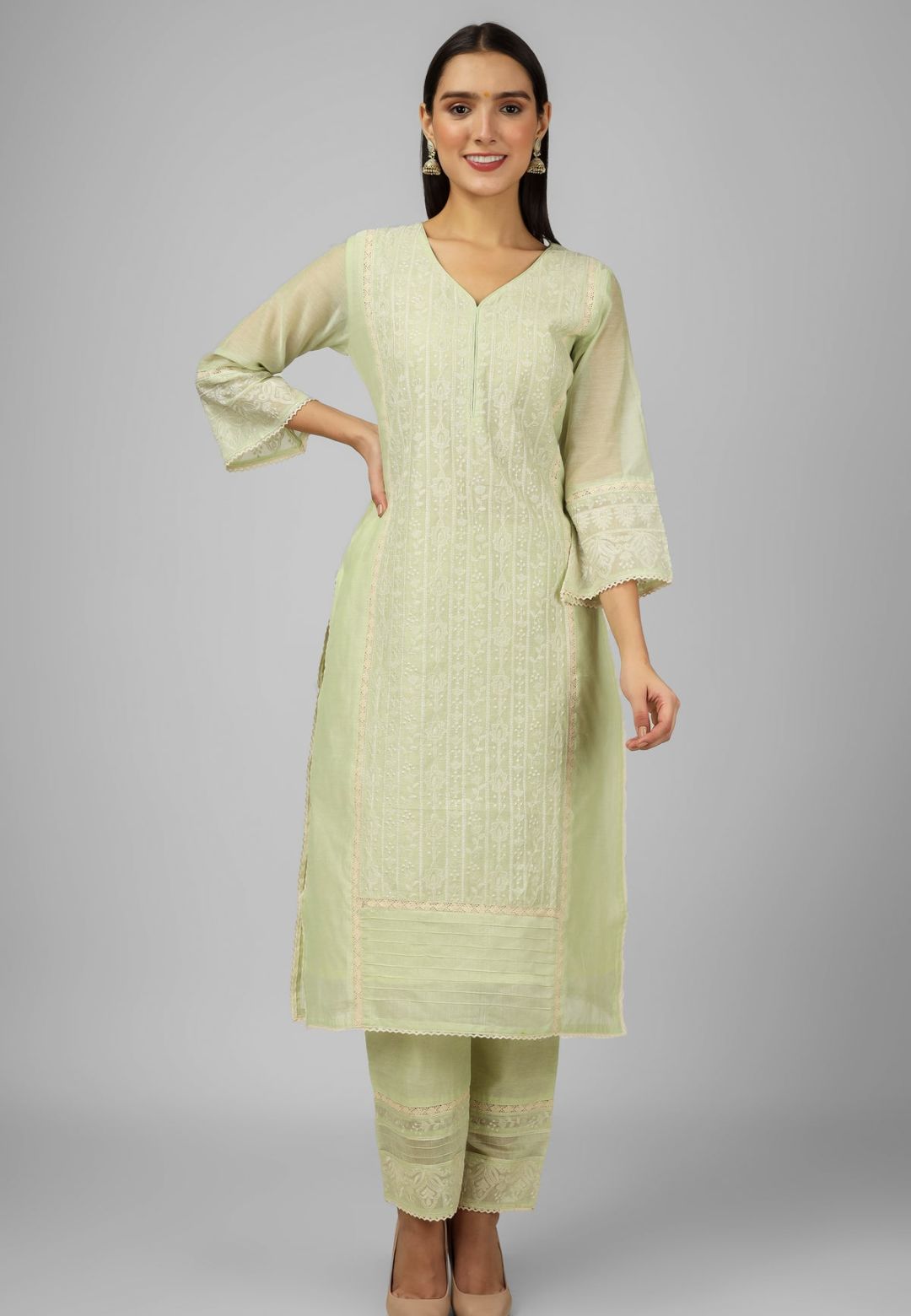 GREEN CHANDERI CHIKANKARI SUIT SET