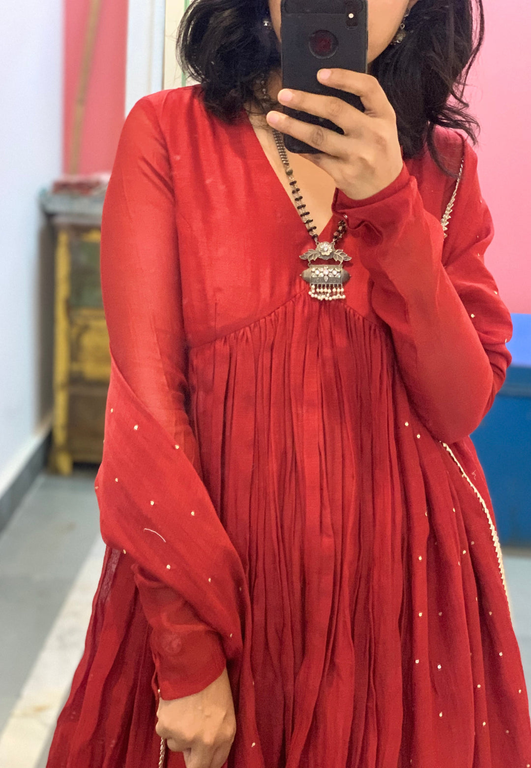 SOFT RED CHANDERI ANARKALI SUIT SET