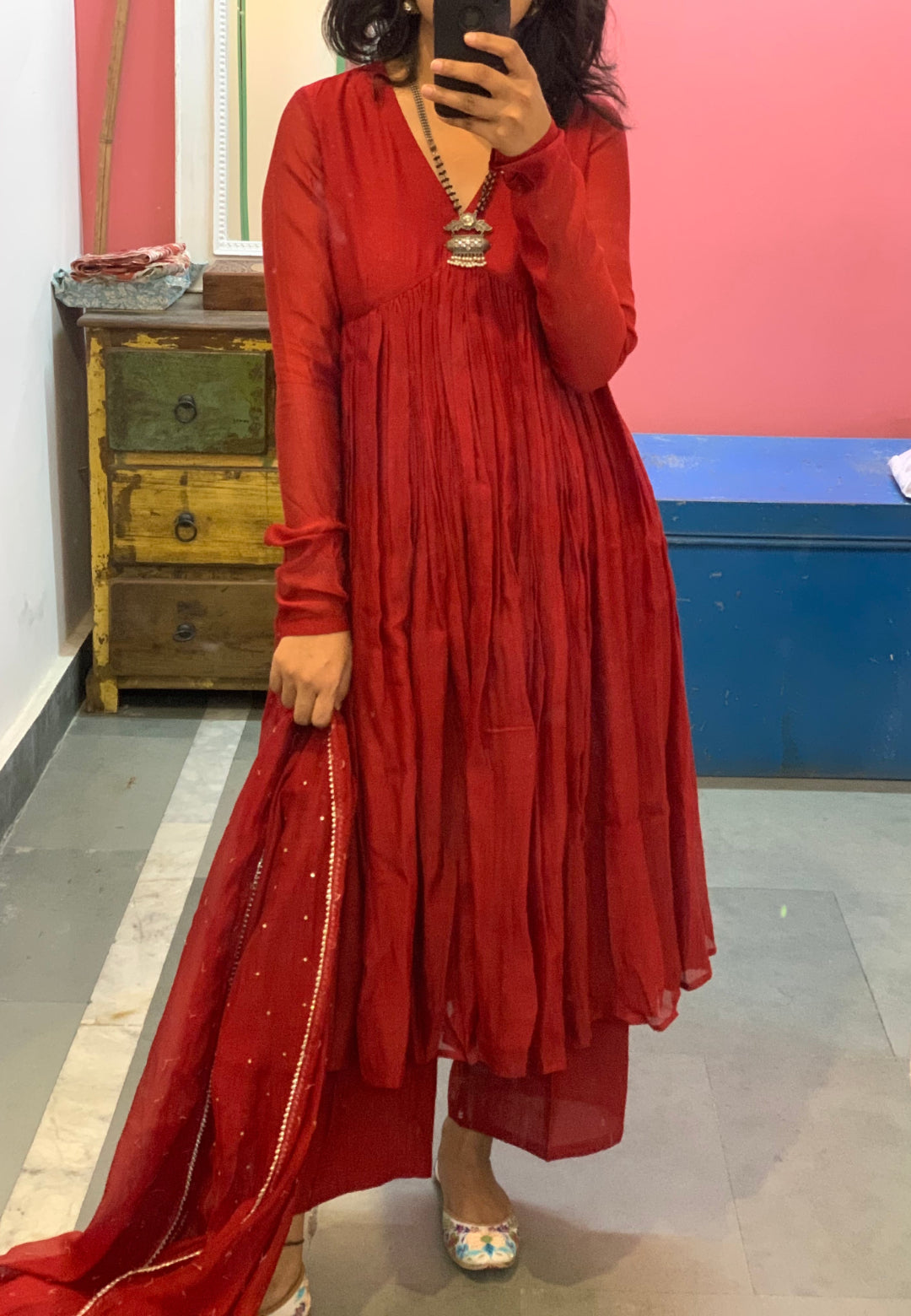 SOFT RED CHANDERI ANARKALI SUIT SET