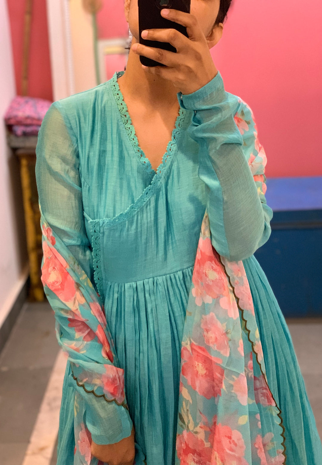 BLUE CHANDERI ORGANZA ANARKALI SUIT SET