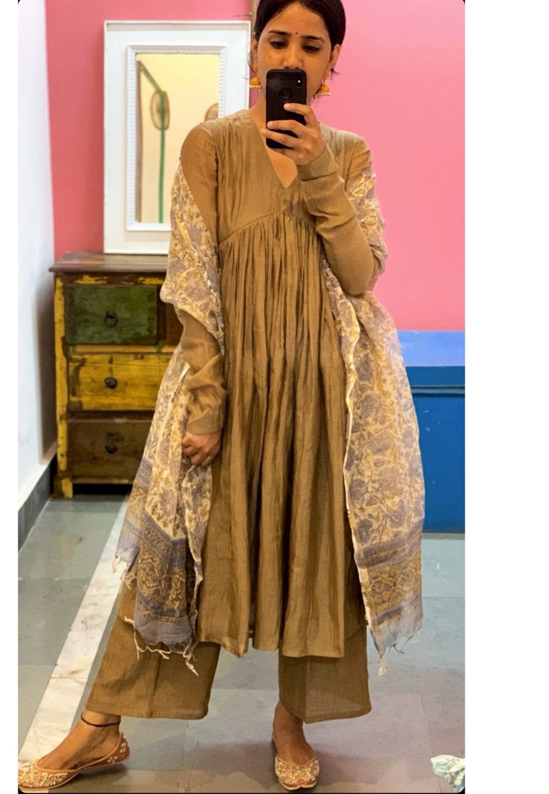 GOLDEN BROWN CHANDERI ANARKALI SUIT SET