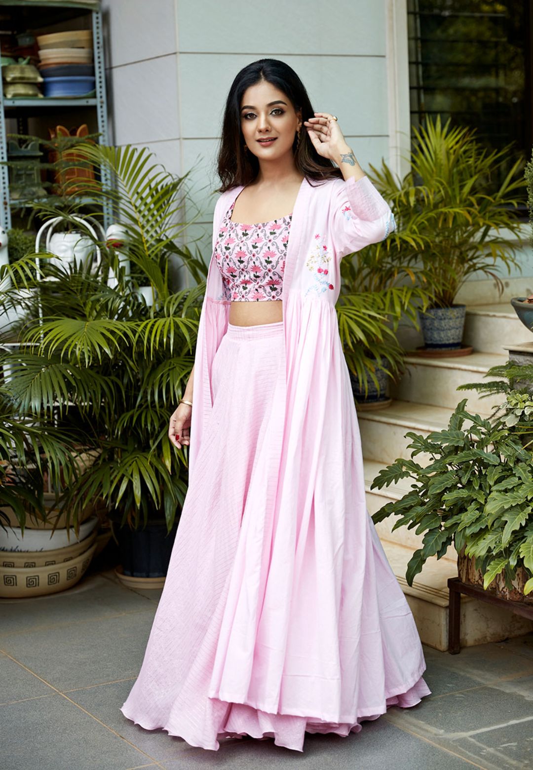 PINK SHRUG COTTON LEHENGA SET