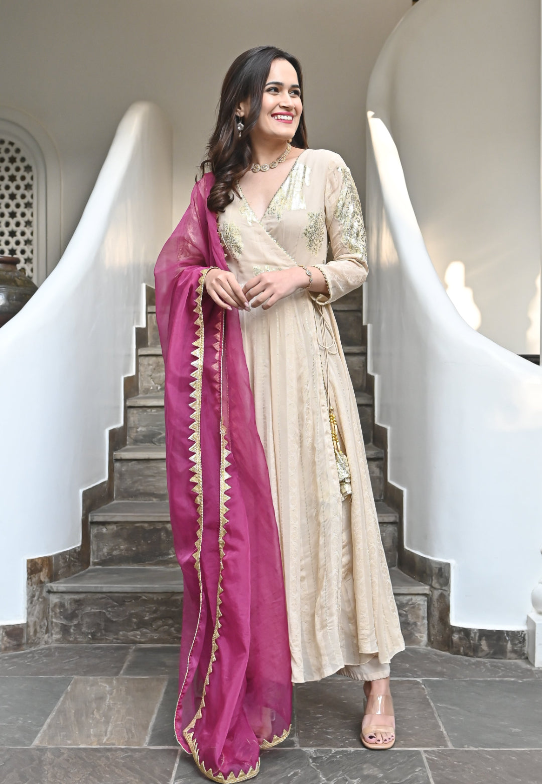 OFF WHITE ANARKALI SUIT SET