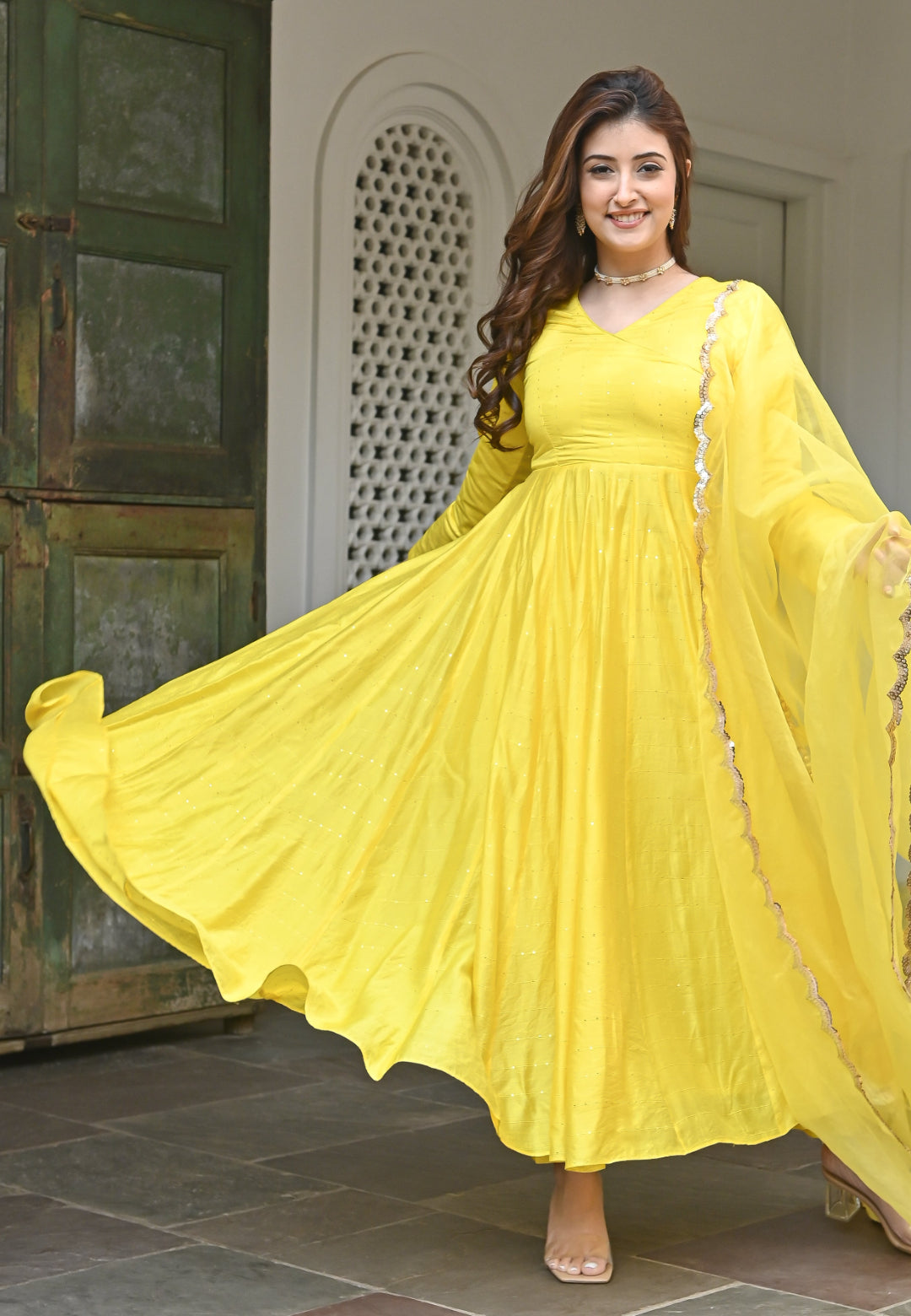 YELLOW CHANDERI SILK ANARKALI SET
