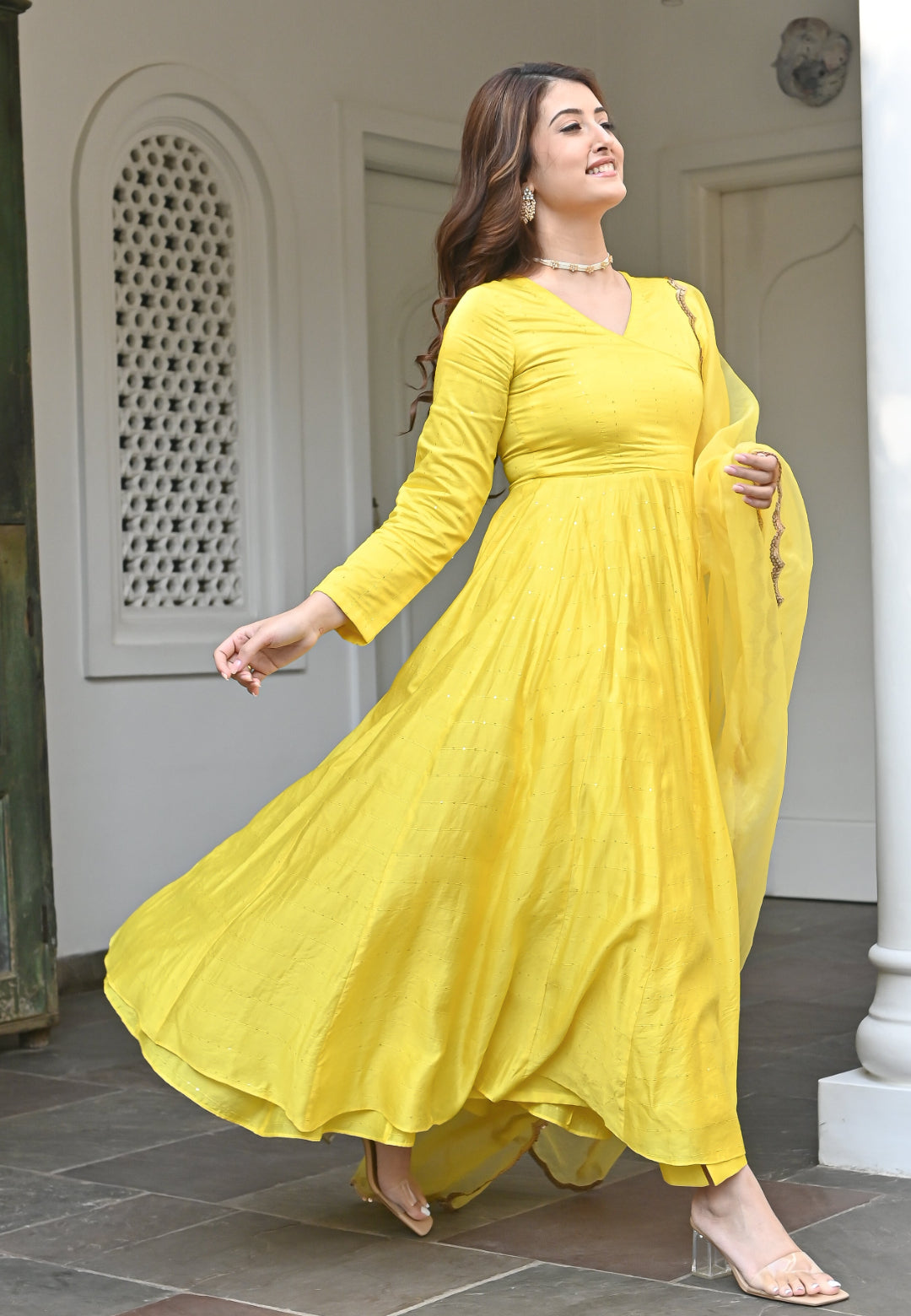 YELLOW CHANDERI SILK ANARKALI SET