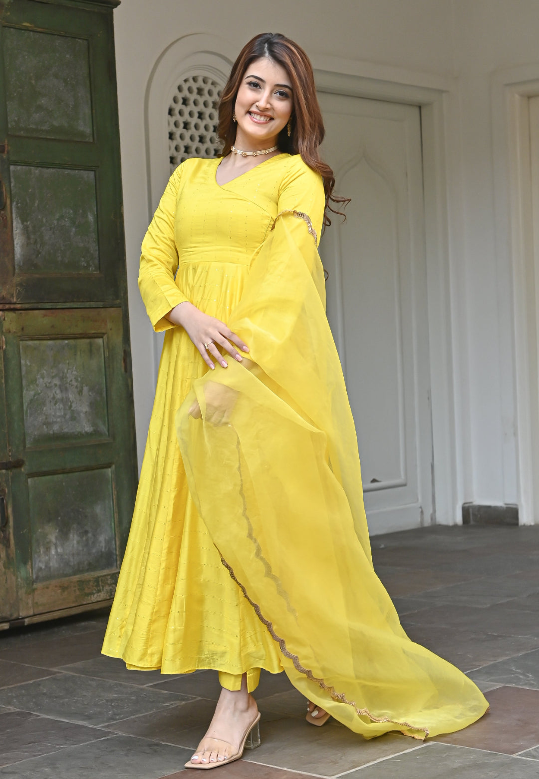 YELLOW CHANDERI SILK ANARKALI SET