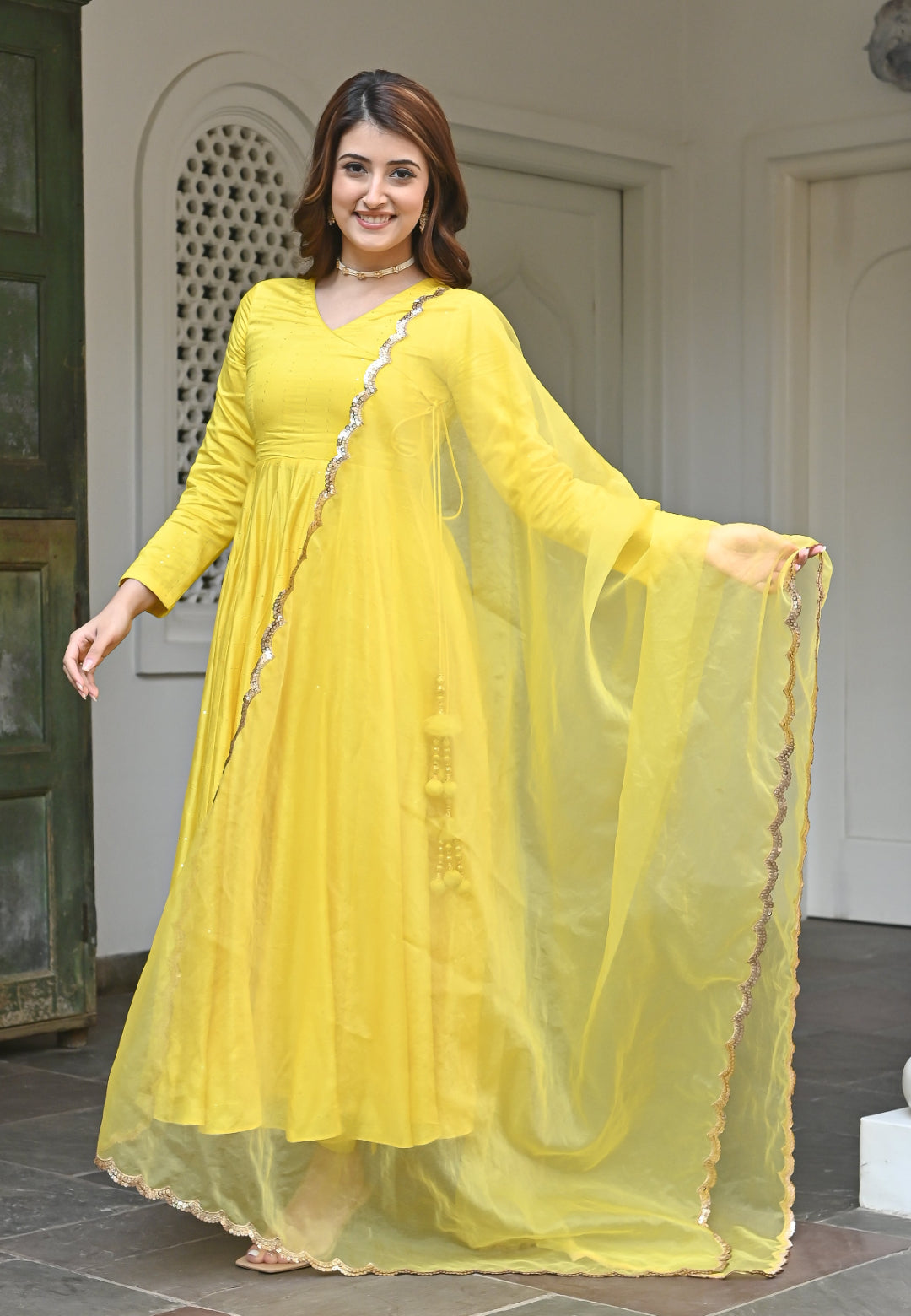 YELLOW CHANDERI SILK ANARKALI SET