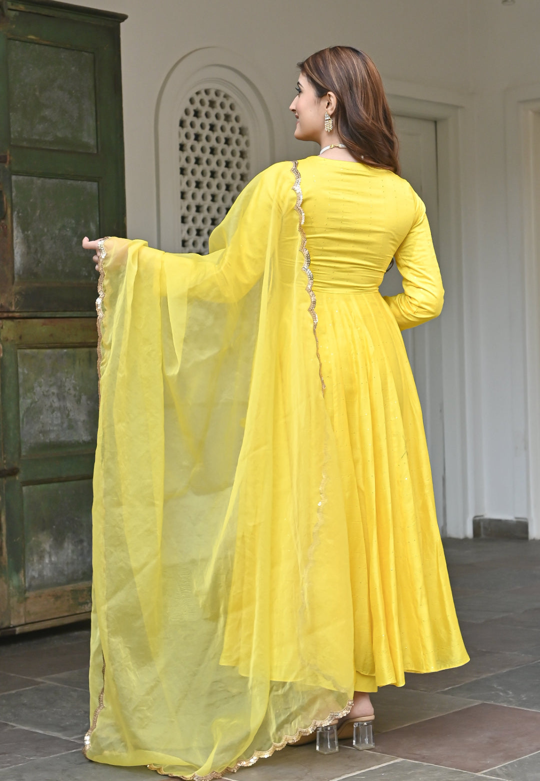 YELLOW CHANDERI SILK ANARKALI SET