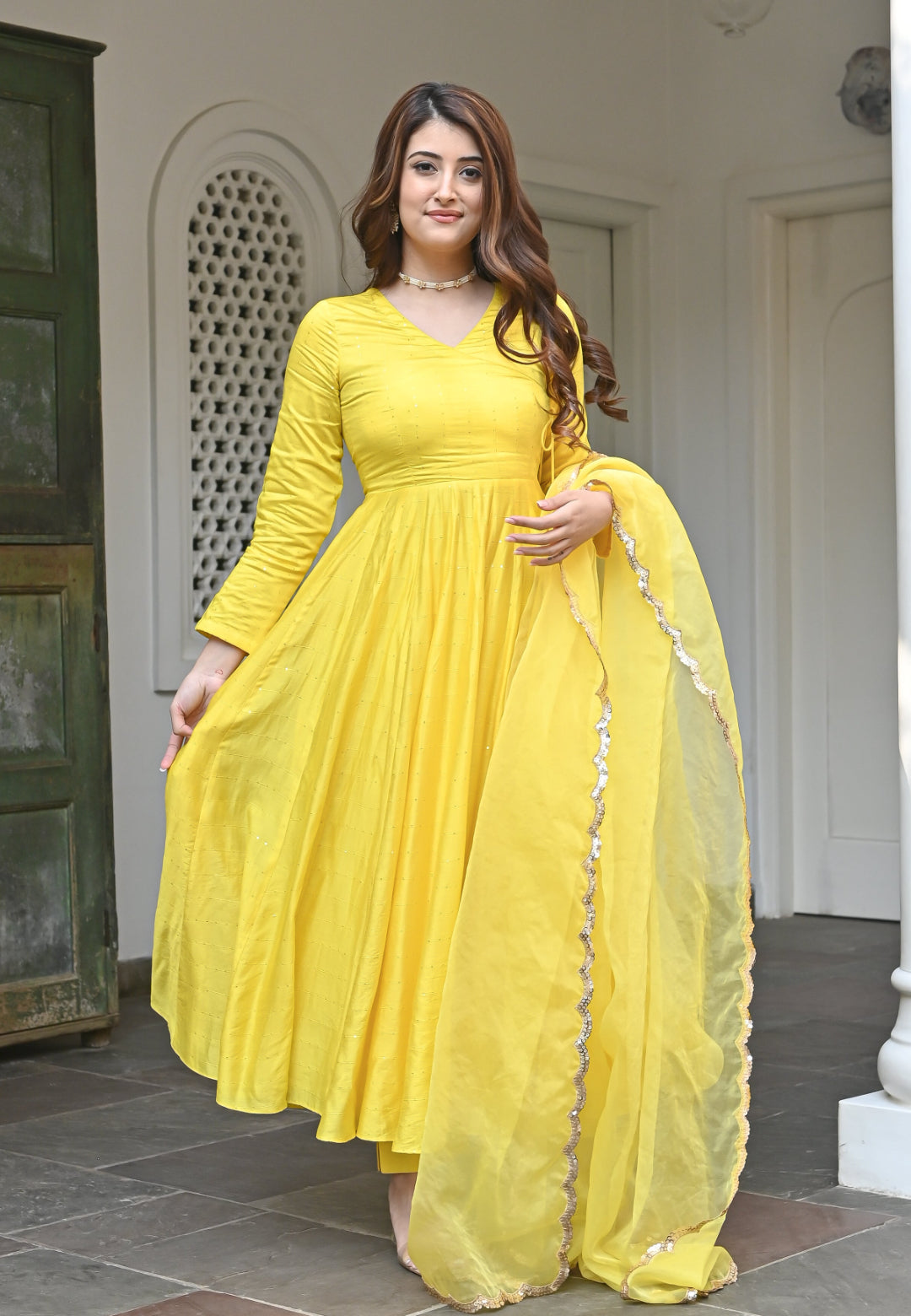 YELLOW CHANDERI SILK ANARKALI SET