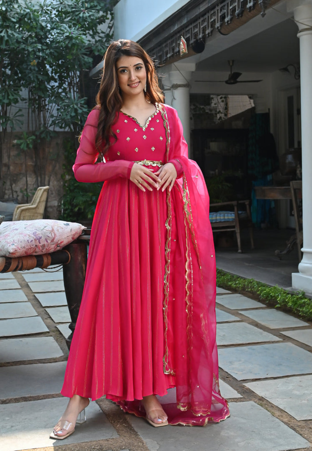 PINK GOLDEN ANARKALI SUIT SET