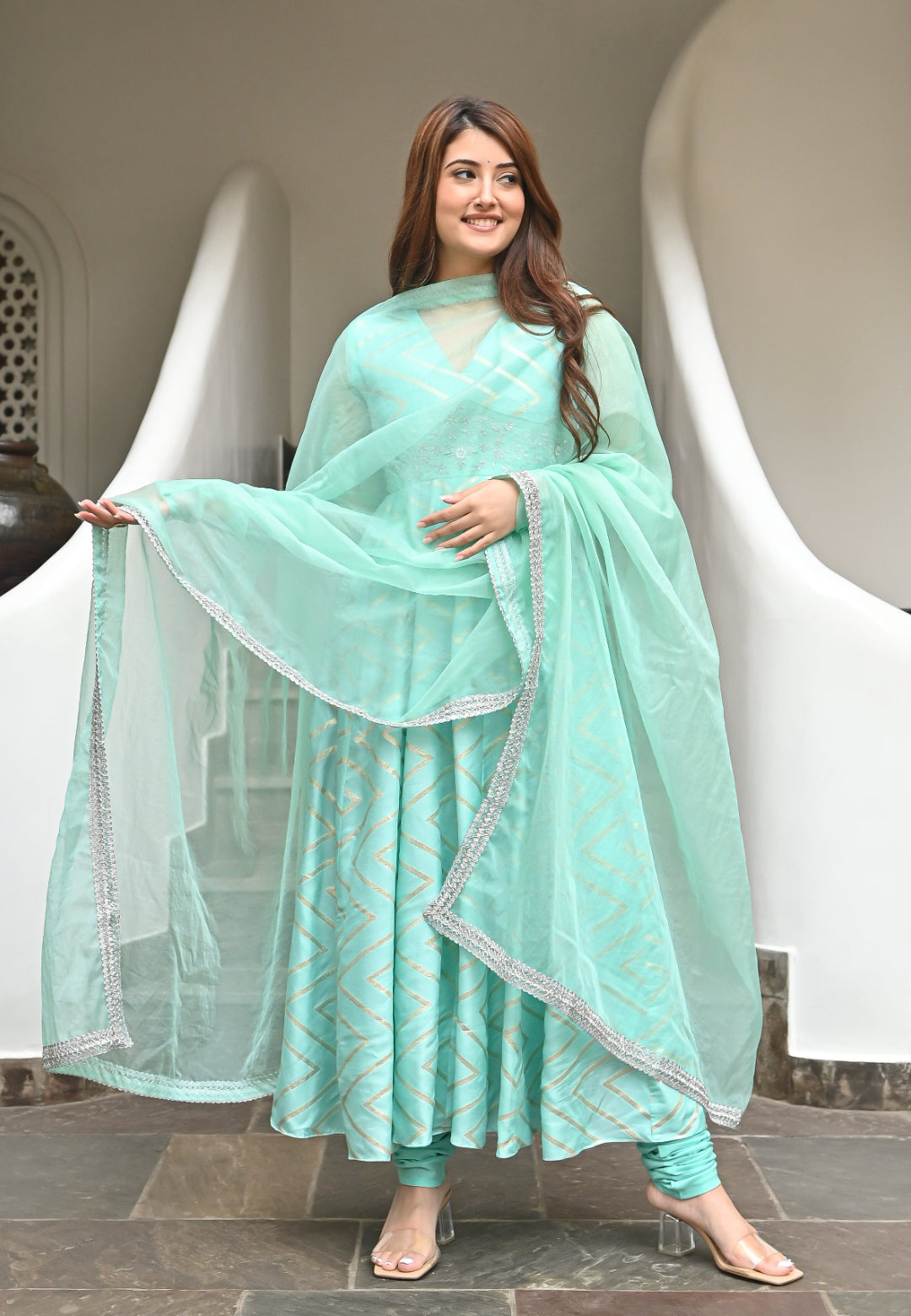 BLUE ZARDOSI CHANDERI ANARKALI SET