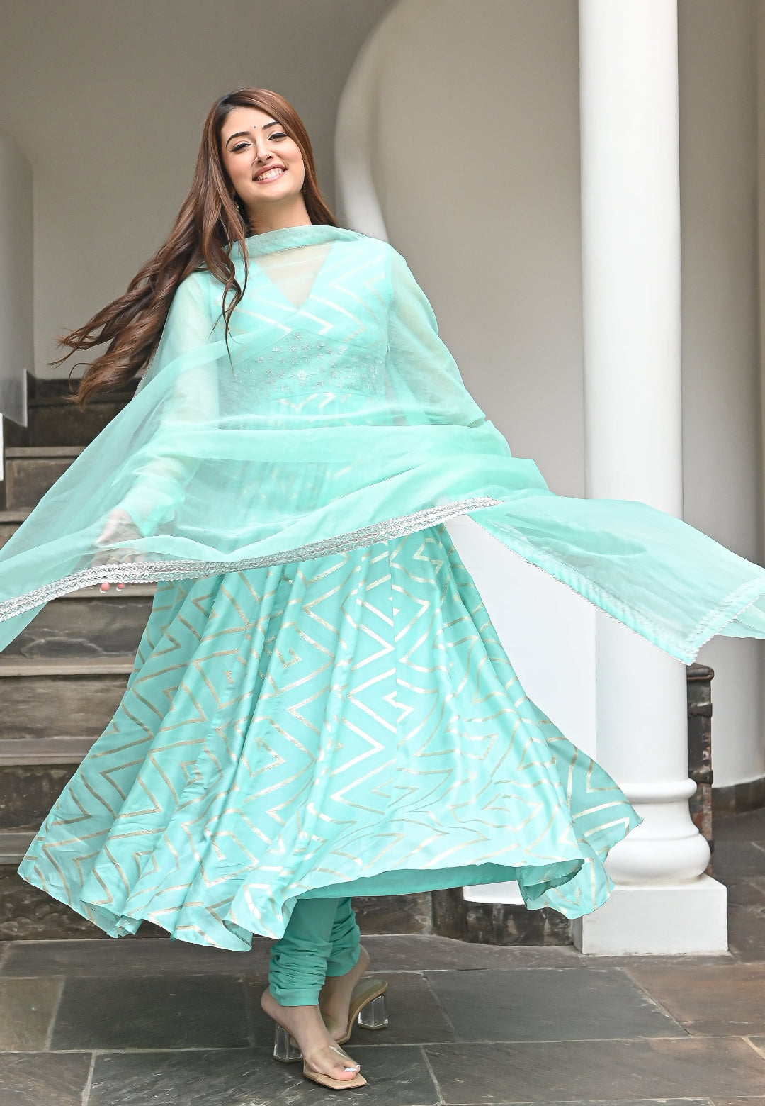 BLUE ZARDOSI CHANDERI ANARKALI SET