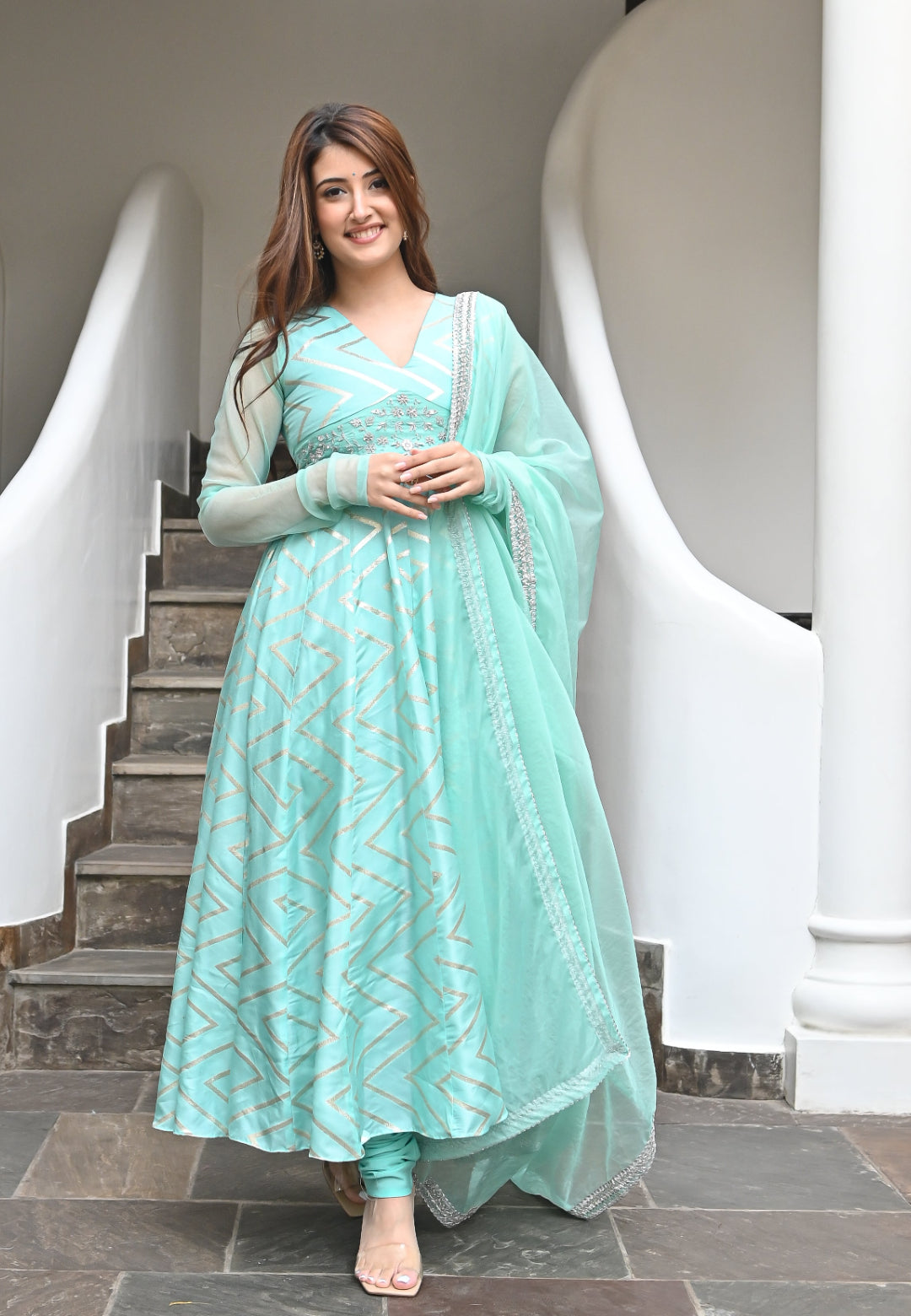 BLUE ZARDOSI CHANDERI ANARKALI SET