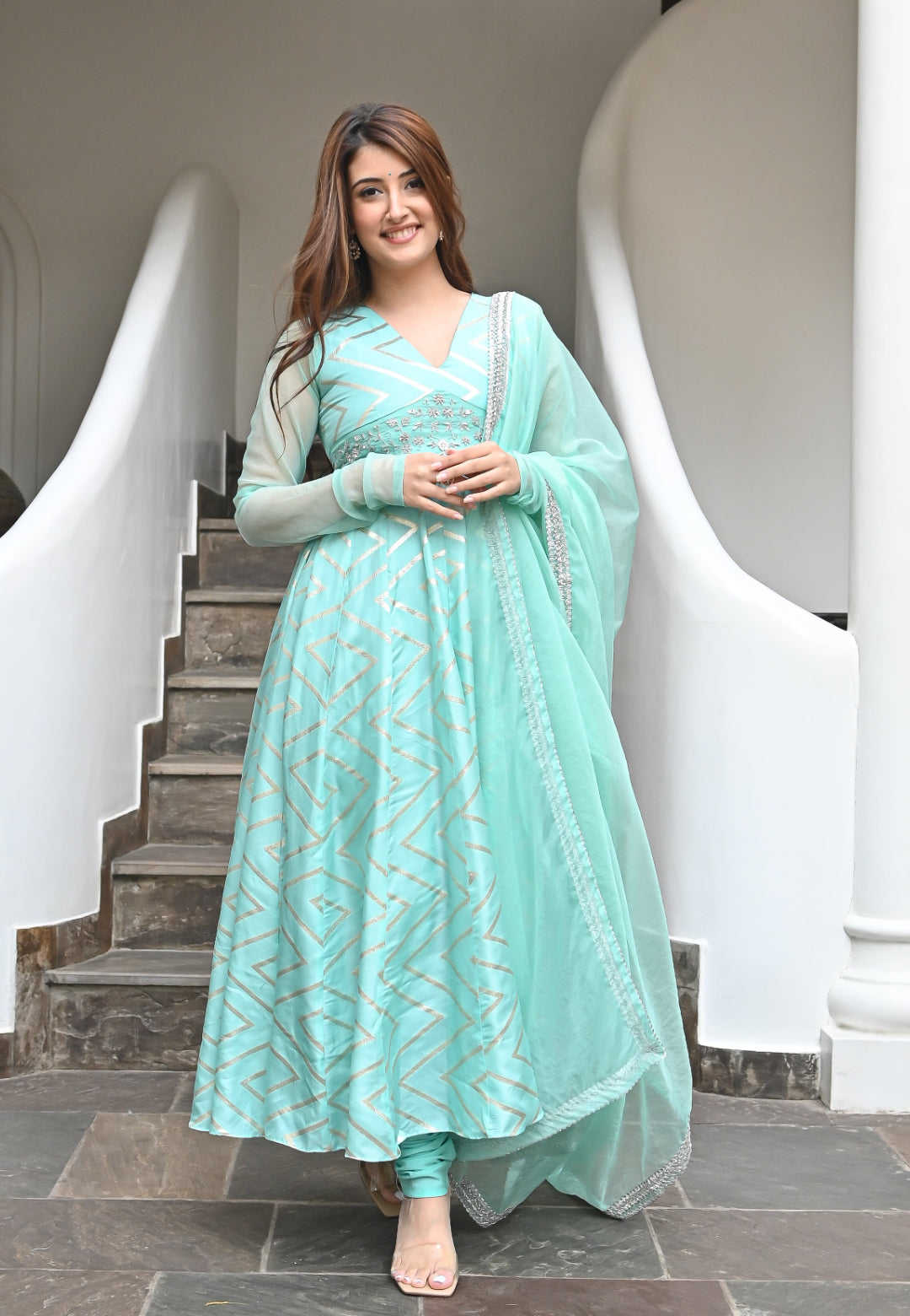 BLUE ZARDOSI CHANDERI ANARKALI SET