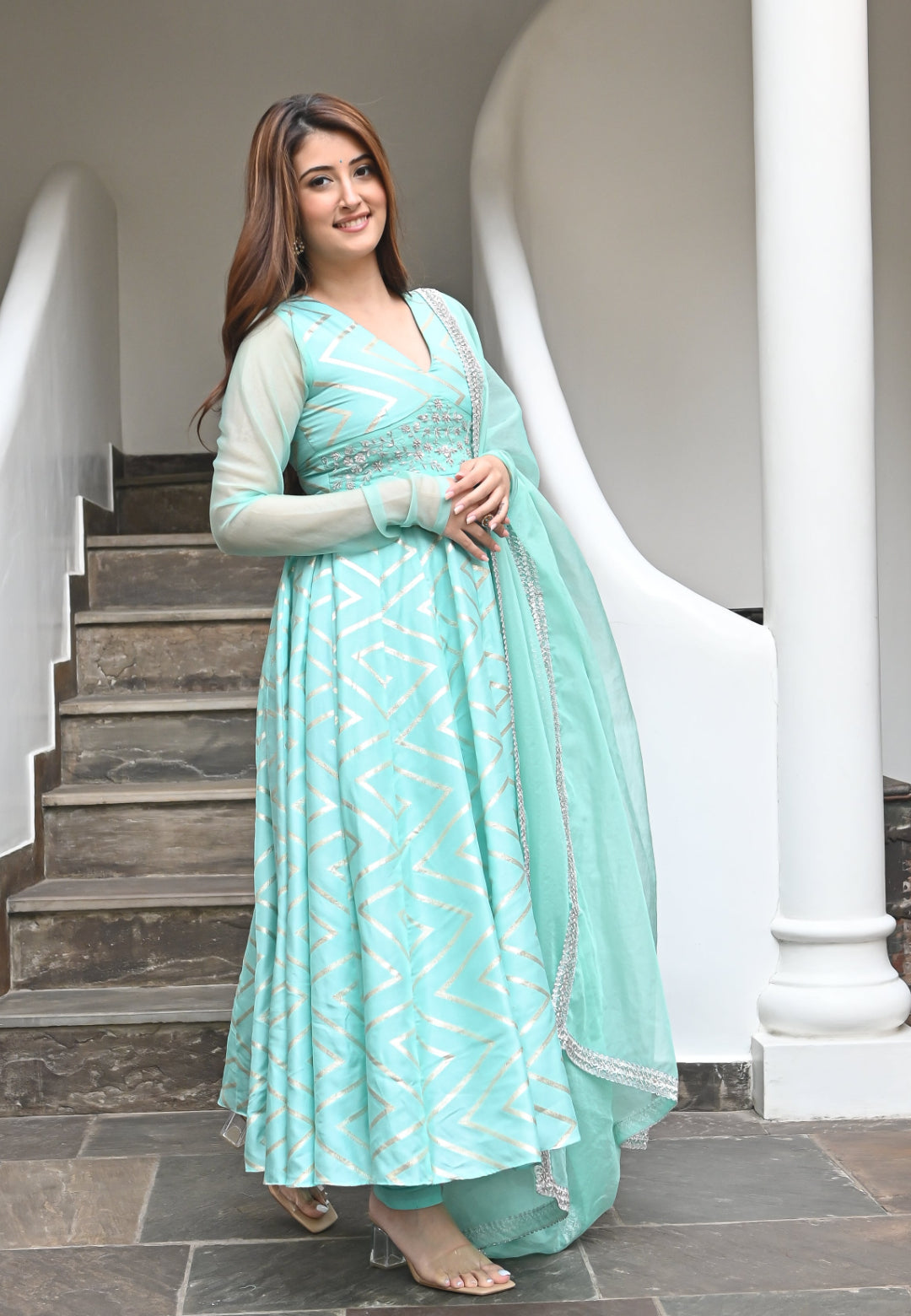 BLUE ZARDOSI CHANDERI ANARKALI SET