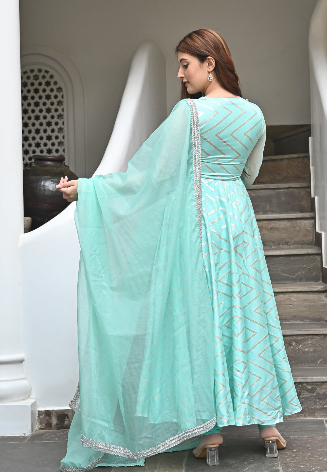 BLUE ZARDOSI CHANDERI ANARKALI SET