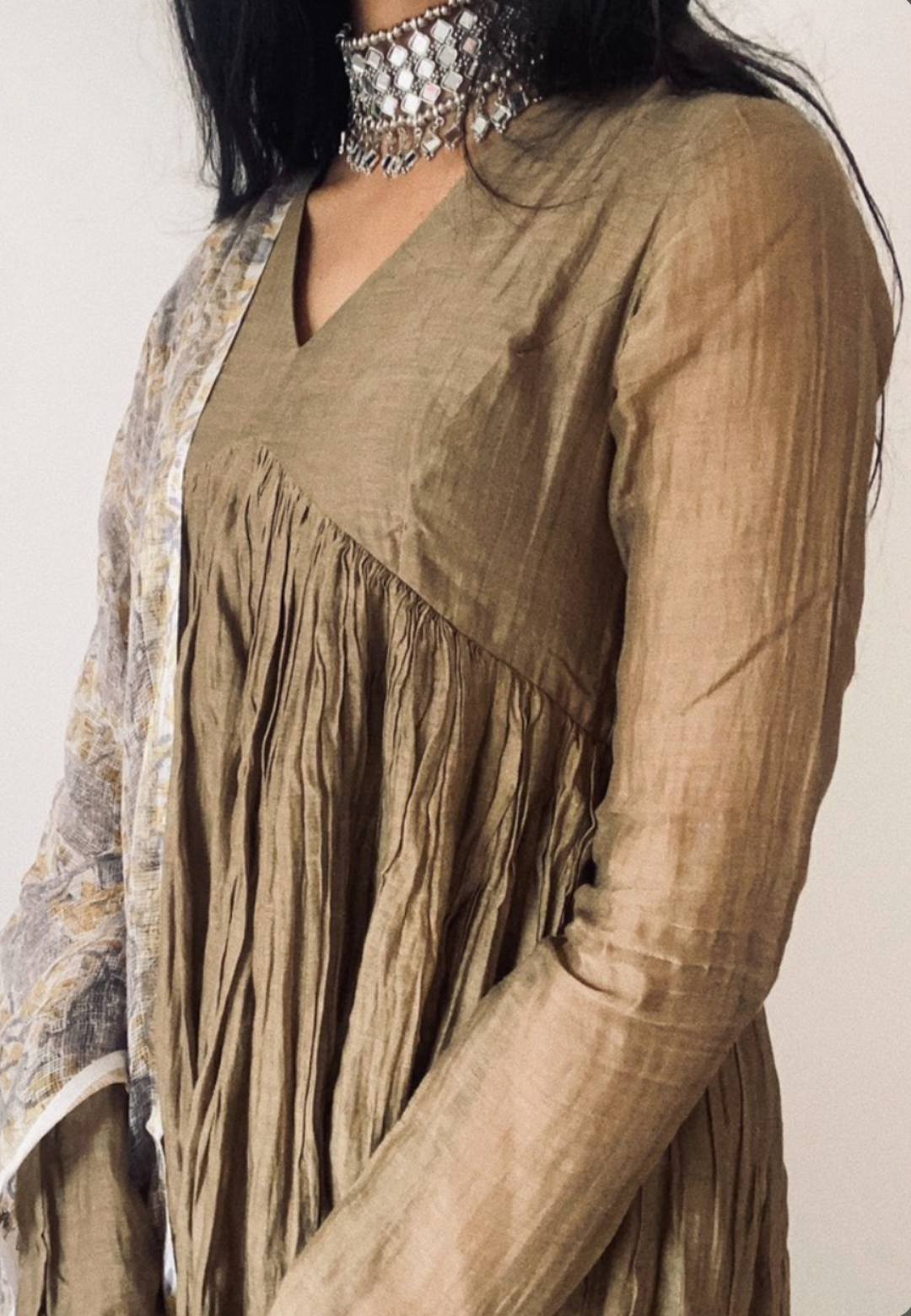 GOLDEN BROWN CHANDERI ANARKALI SUIT SET